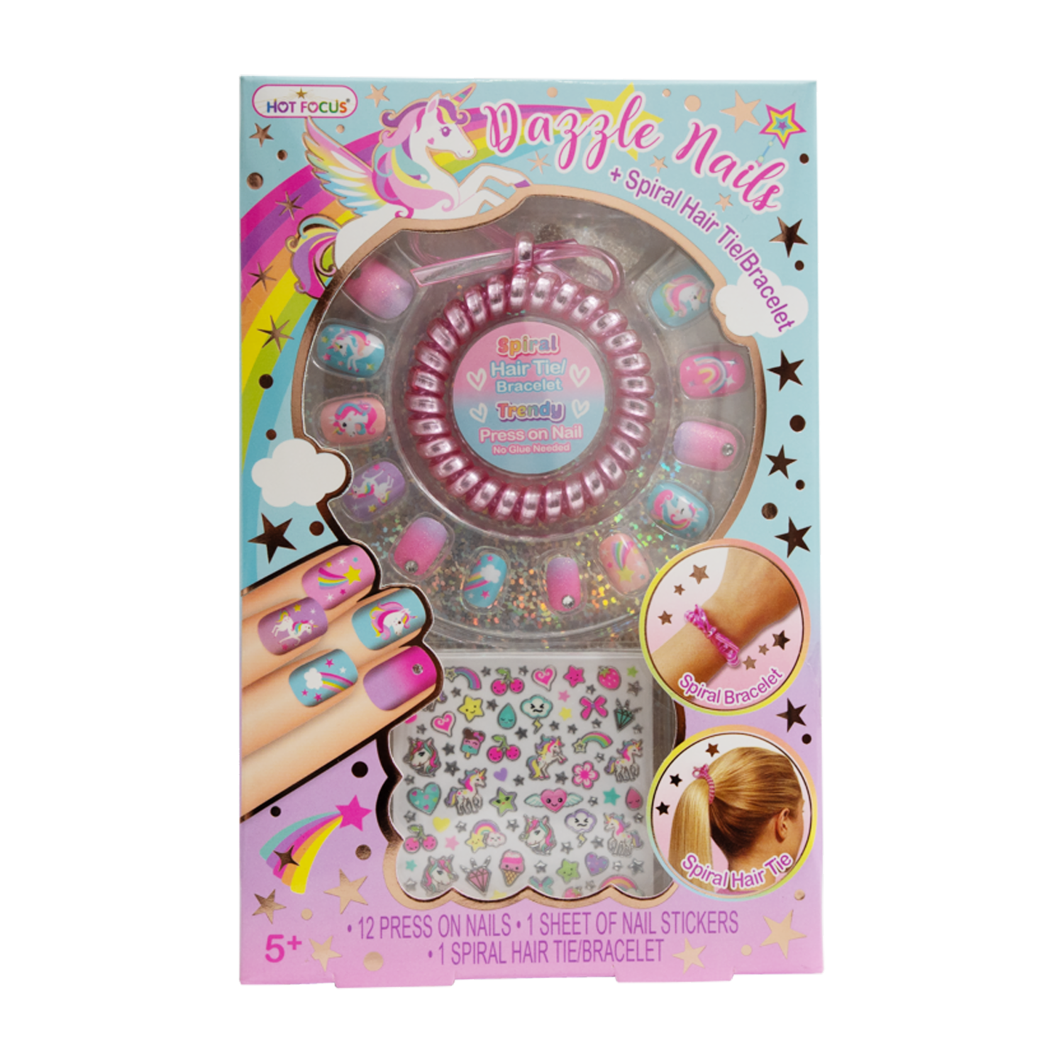 Uñas Postizas Para Niñas Unicornio Pulsera HOT FOCUS JueGo X 12 U
