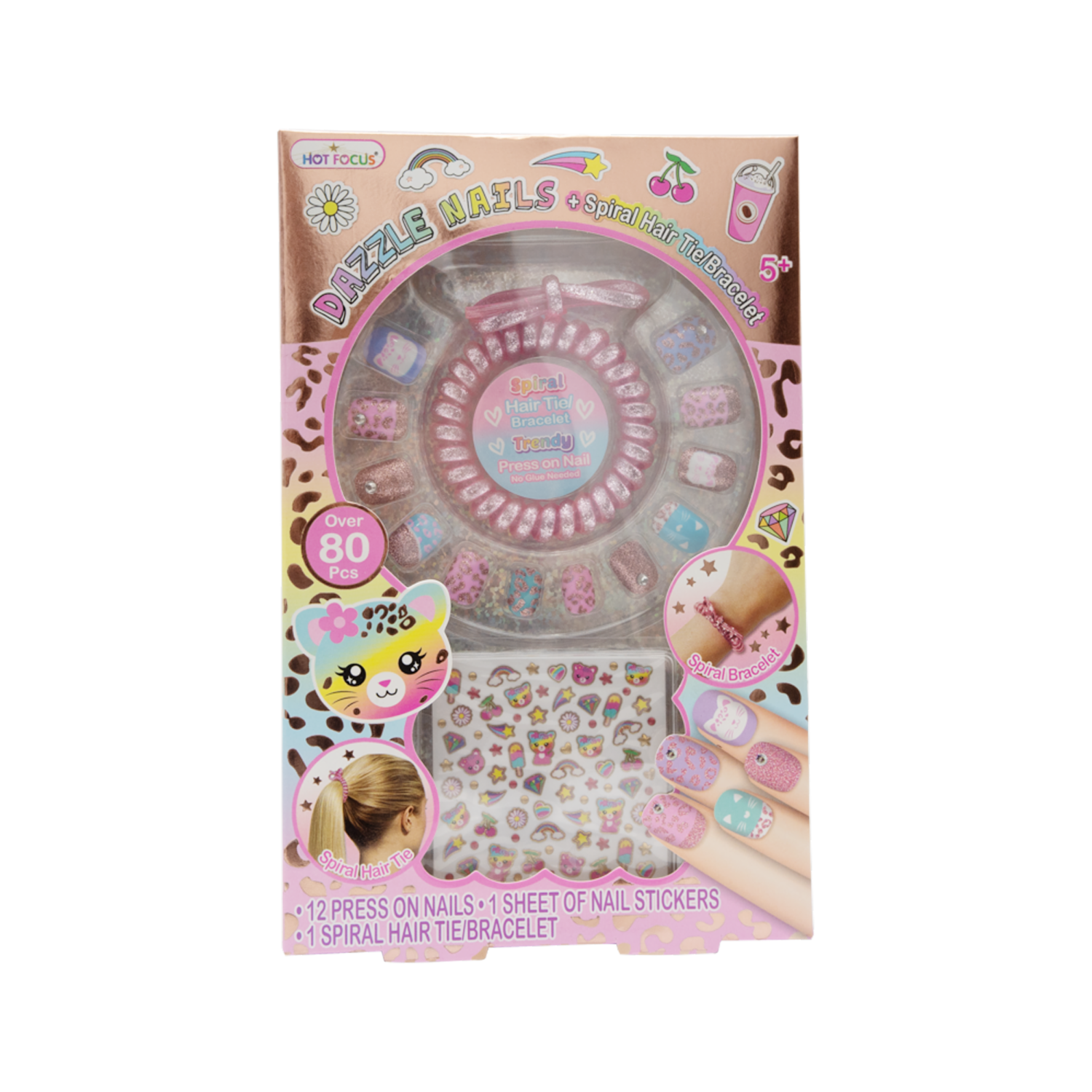 Uñas Postizas Para Niñas Leopardo Pulsera HOT FOCUS JueGo X 12 U