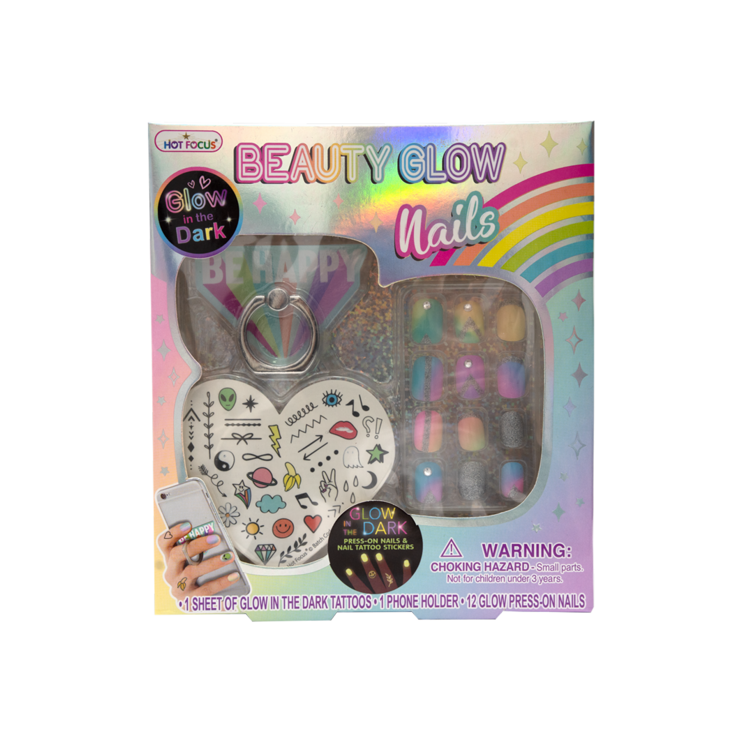 Uñas Postizas Para Niñas Brillantes Rainbow HOT FOCUS JueGo X 12 U