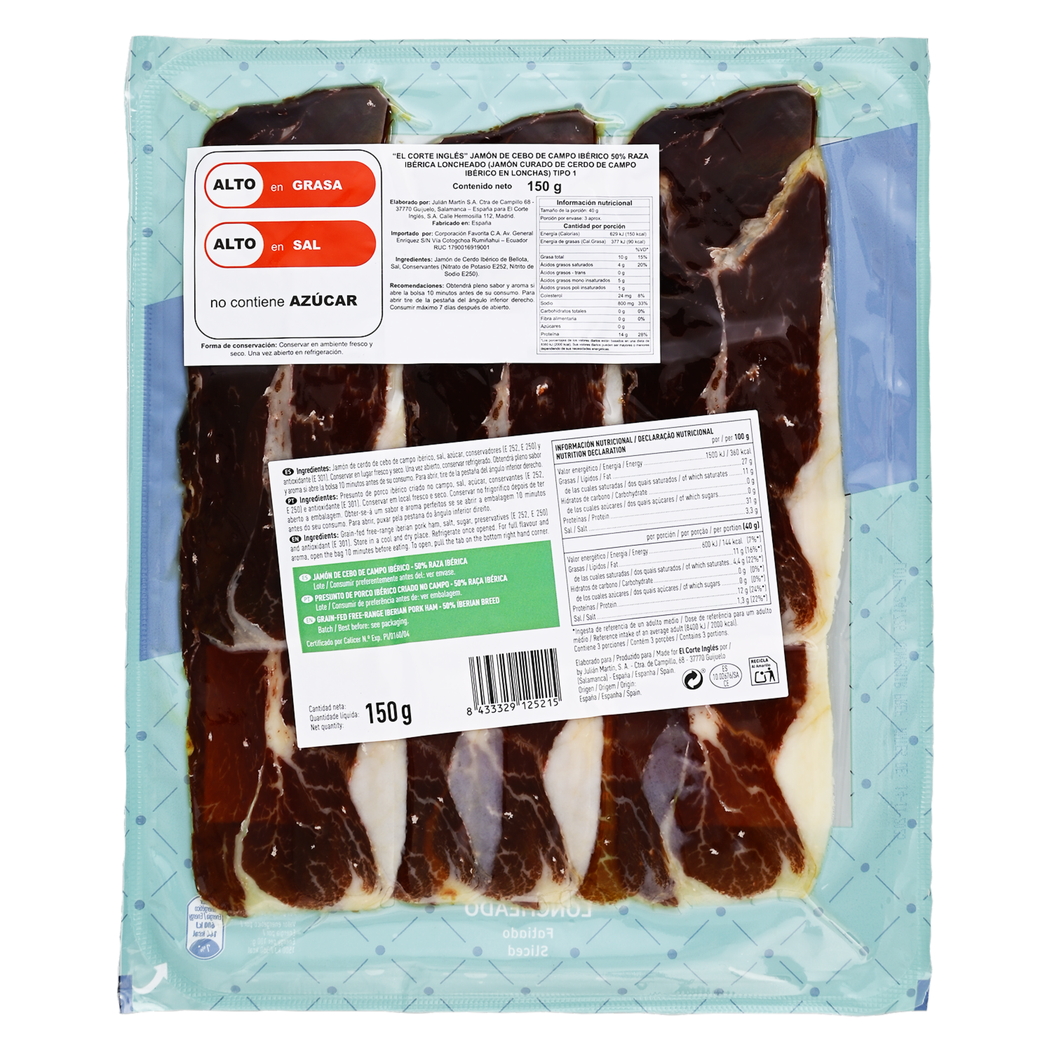 Jamón De Cebo De Campo 0.5 Raza Ibérico Lonchado EL CORTE INGLÉS 150 G