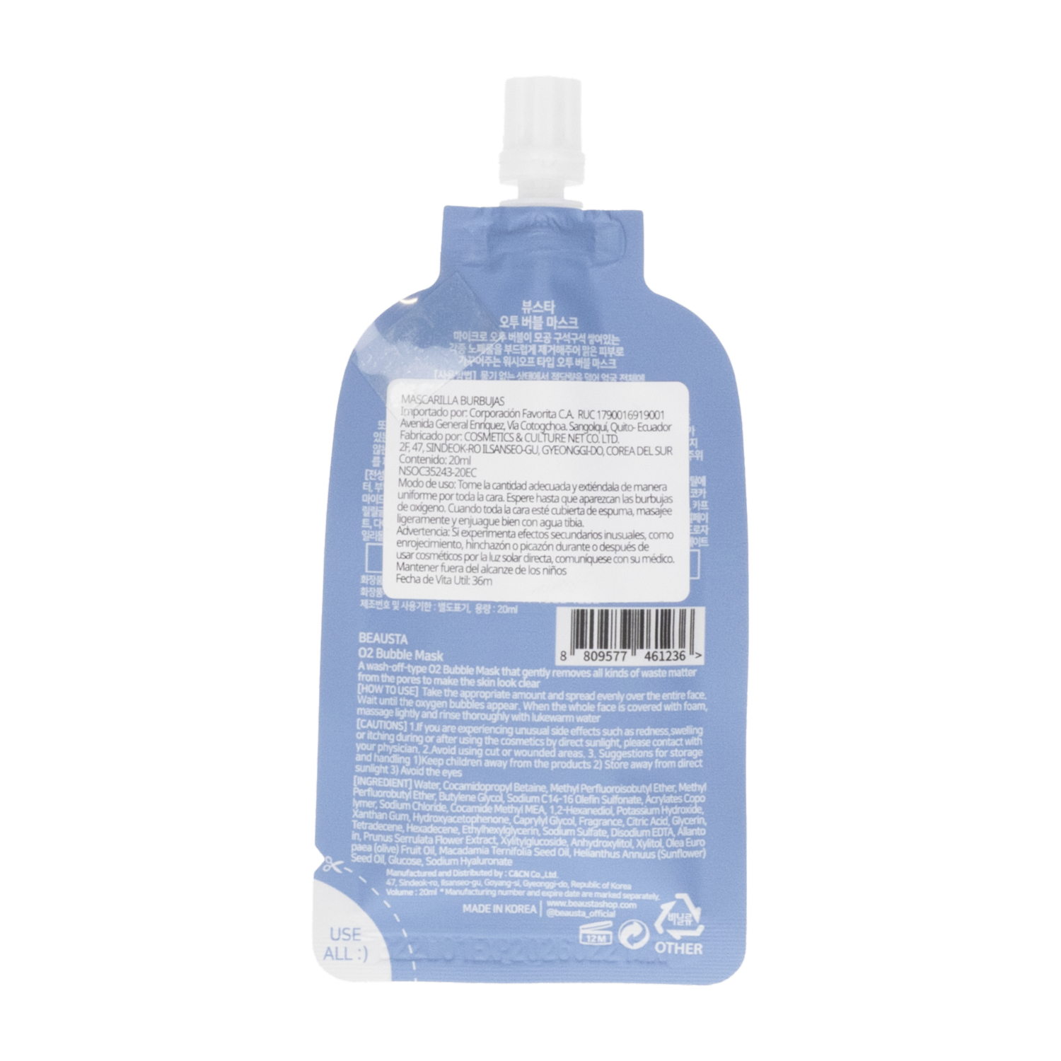 Mascarilla Facial De Burbujas O2 BEAUSTA 20 Ml