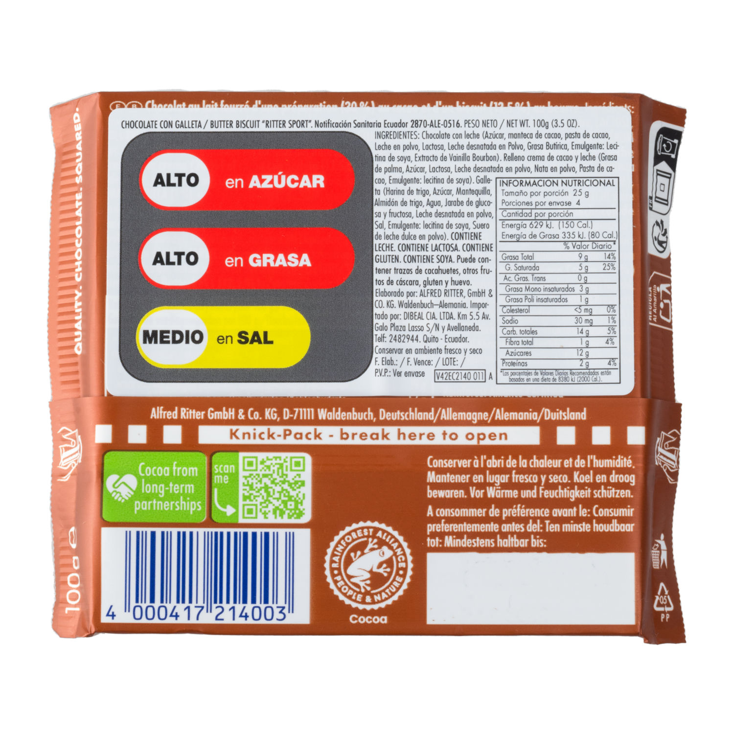 Chocolate Galleta RITTER SPORT 100 G