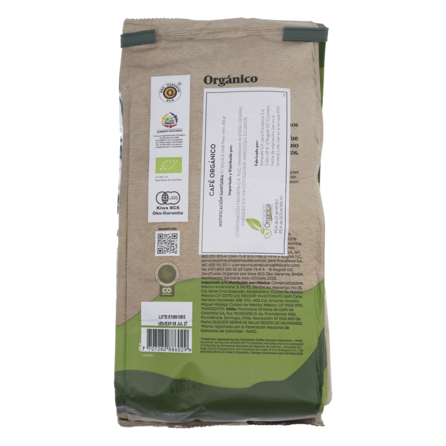Café Tostado Y Molido Orgánico JUAN VALDEZ 283 G