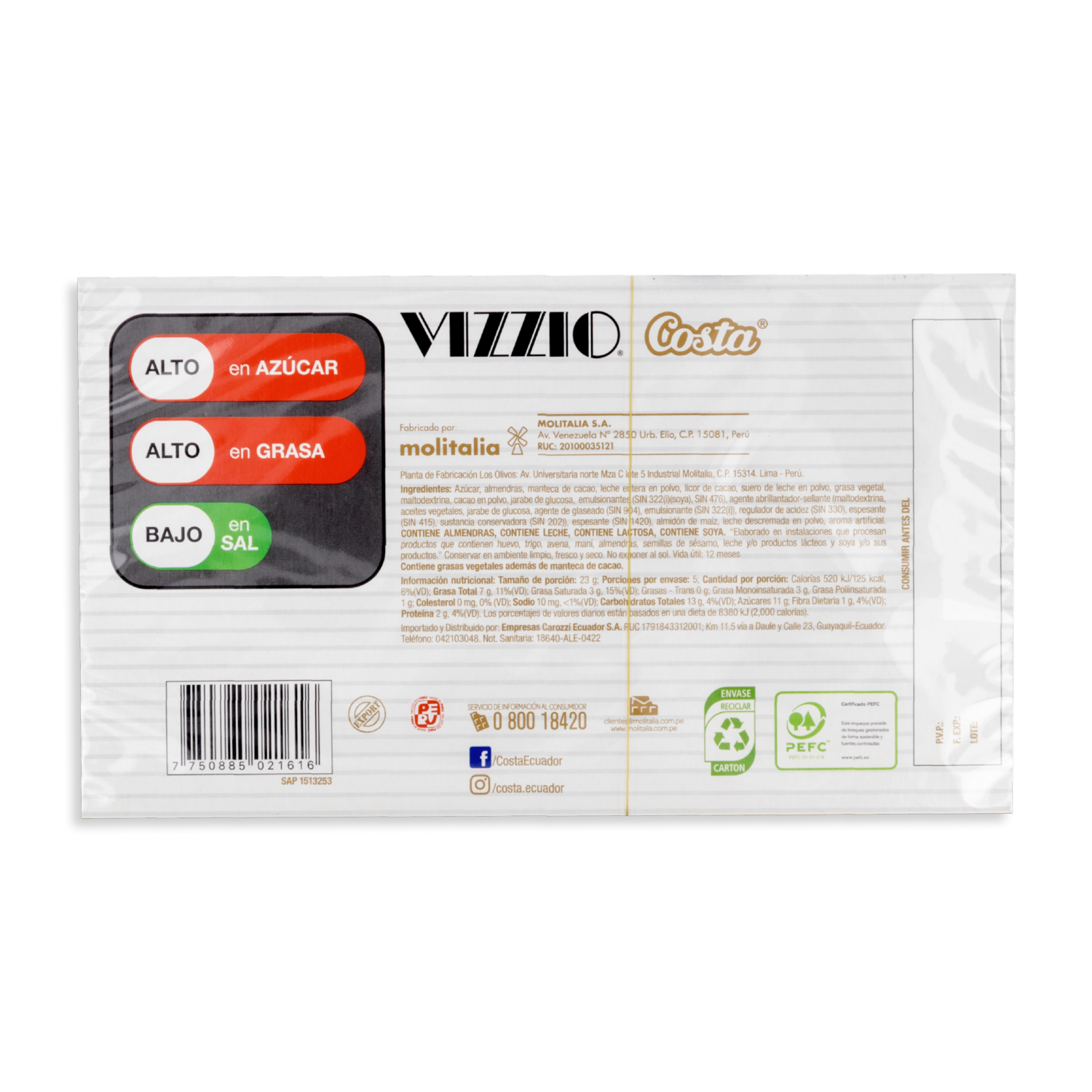 Chocolate Almendras Cubiertas Con Leche VIZZIO 122 G
