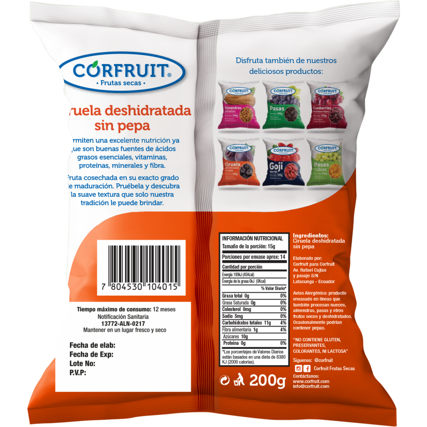 Ciruelas Deshidratada Sin Pepa 100% Natural CORFRUIT 200 G