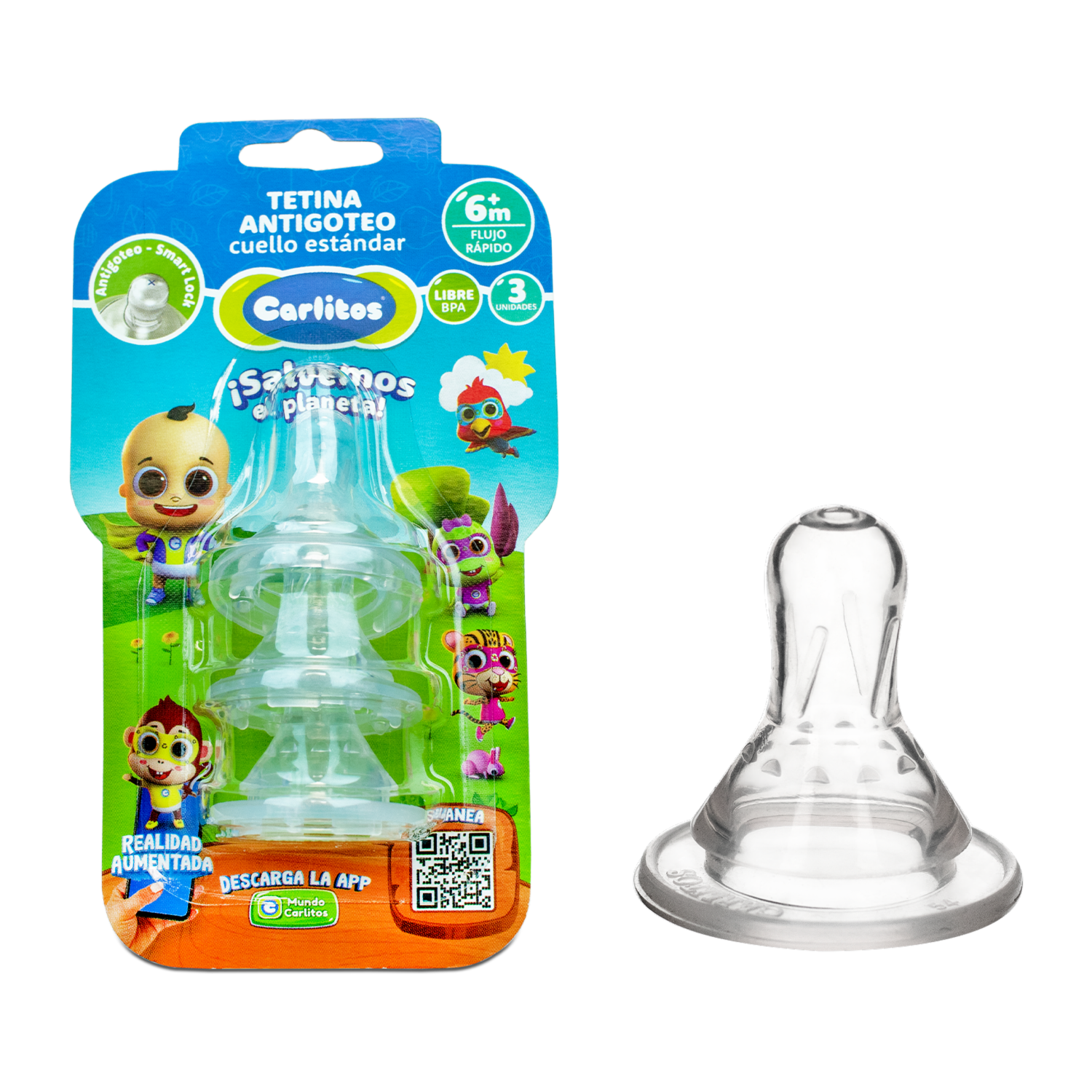 Tetina Antigoteo De Flujo Lento Cuello Estándar 0-6 M CARLITOS Pack X 3 Uds