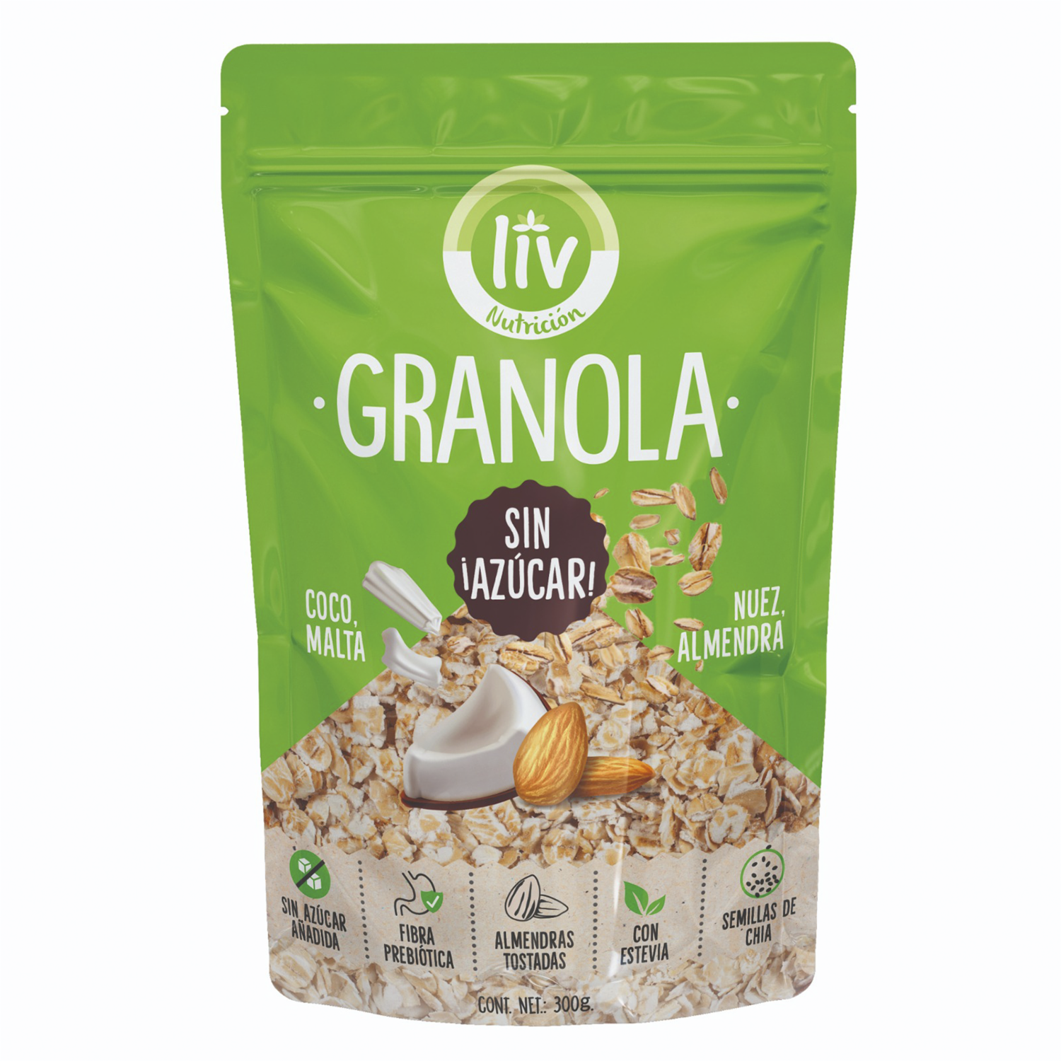 Granola Con Coco, Malta, Nuez, Almendra Sin Azúcar LIV NUTRICIÓN 300 G