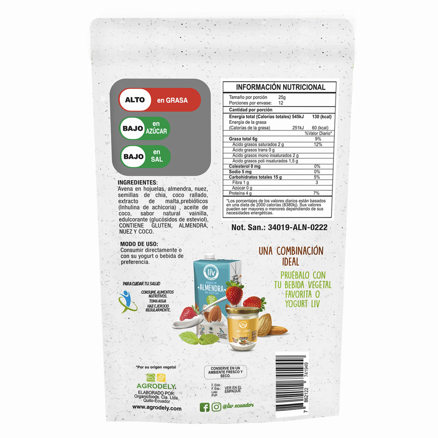 Granola Con Coco, Malta, Nuez, Almendra Sin Azúcar LIV NUTRICIÓN 300 G
