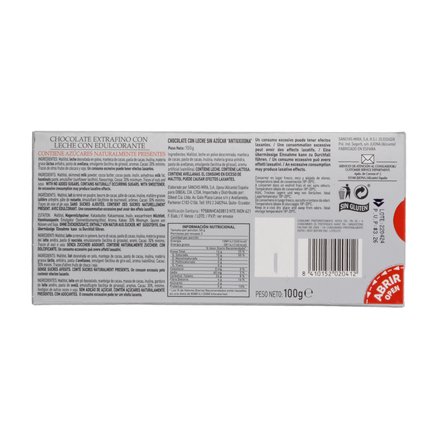Chocolate Con Leche ANTIUXIXONA 100 G