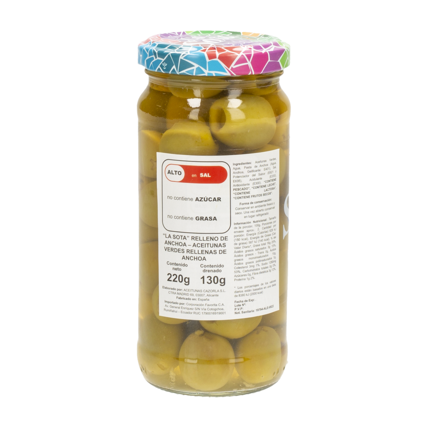 Aceitunas Verdes Rellenas Anchoas LA SOTA 220 G