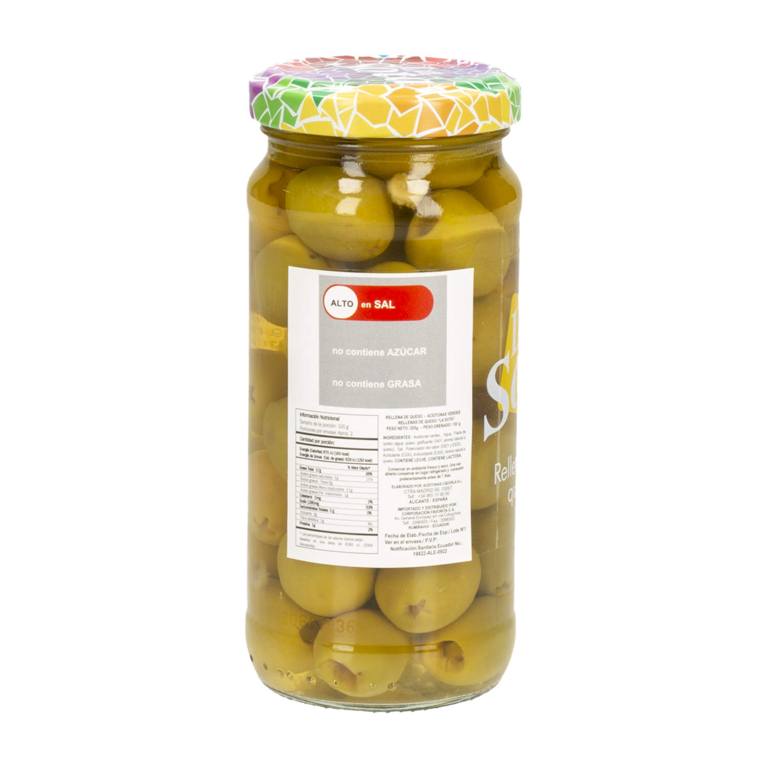 Aceitunas Verdes Rellenas Queso LA SOTA 220 G