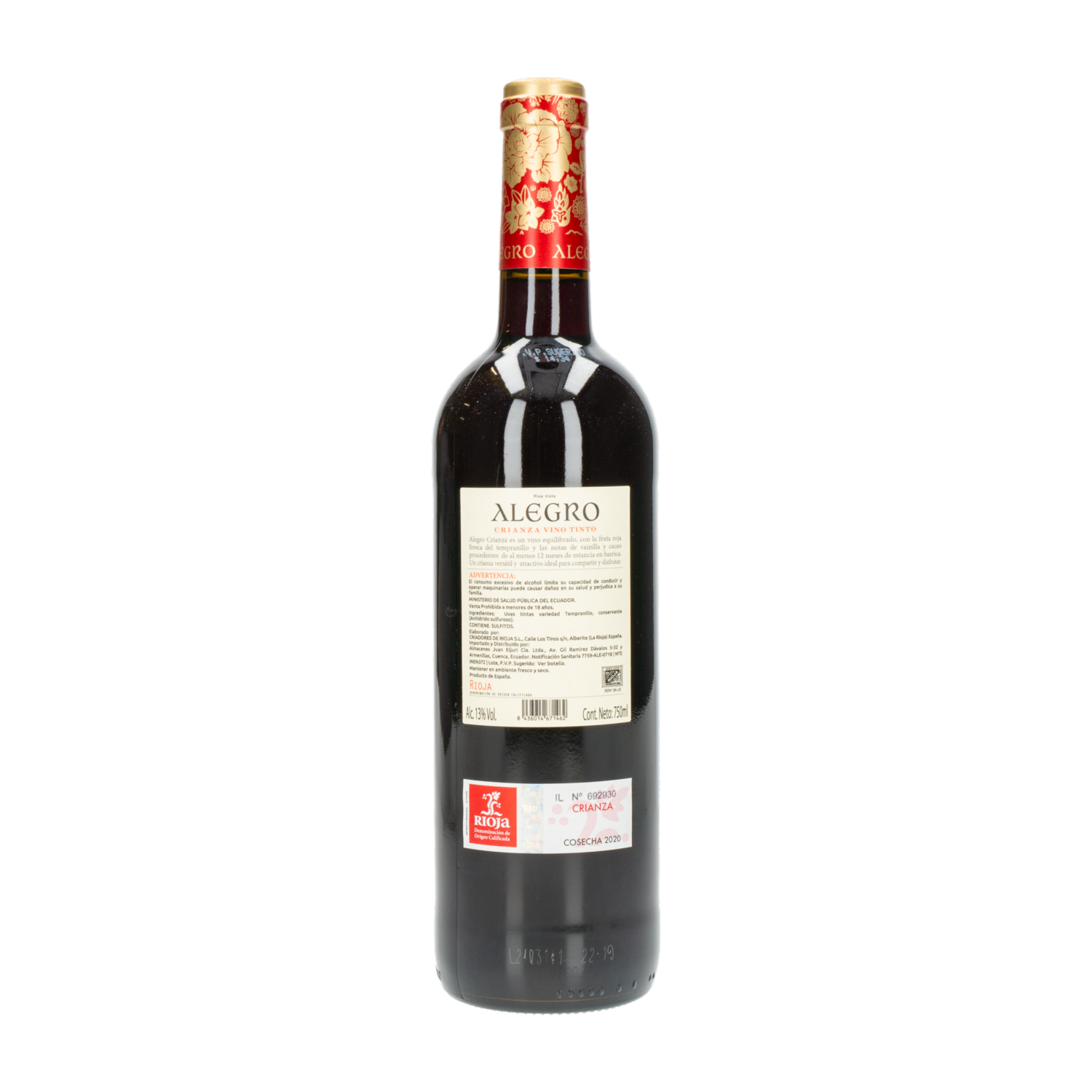 Vino Tinto Alegro Español Crianza ALEGRO 750 Ml