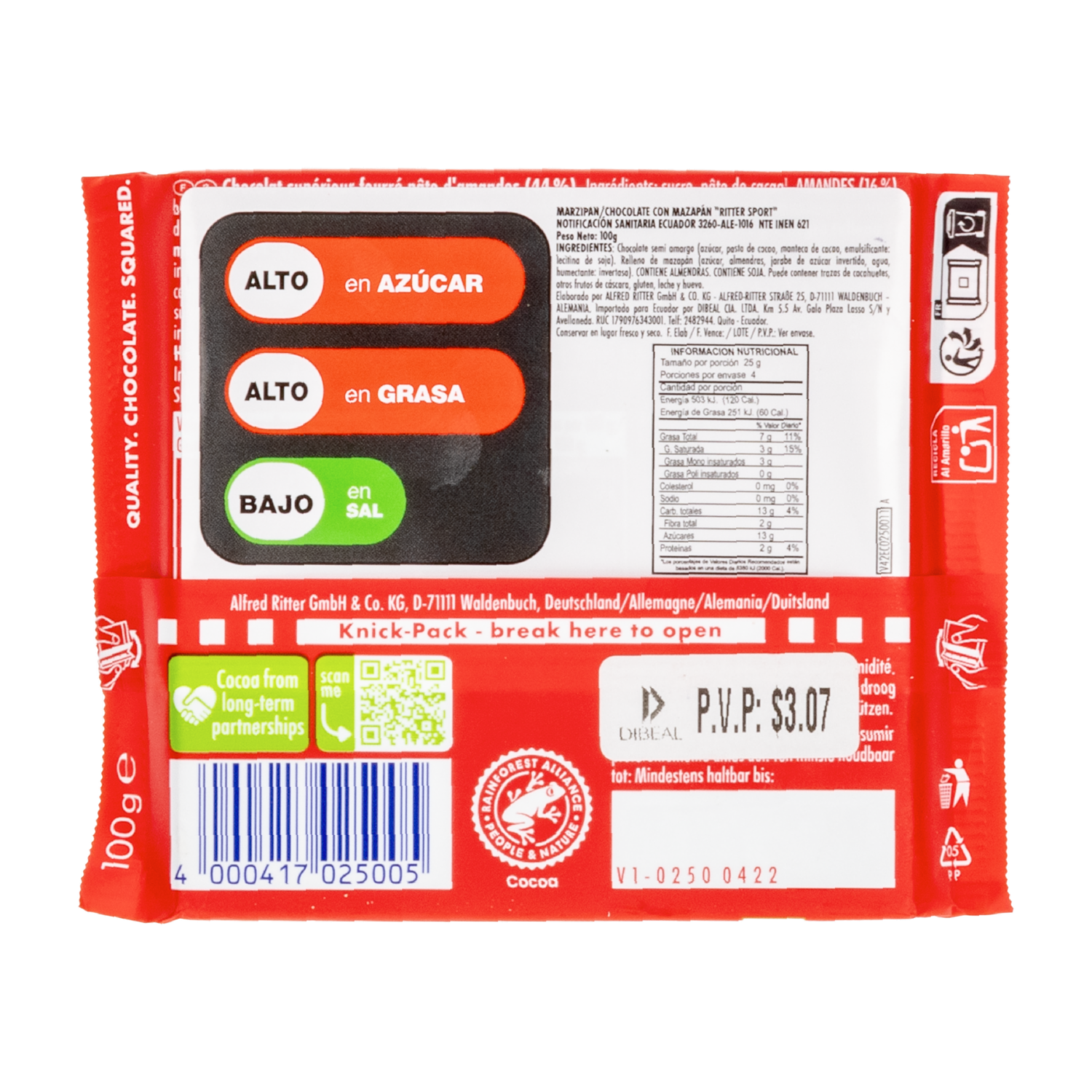 Chocolate En Barra Relleno De Mazapán RITTER SPORT 100 G