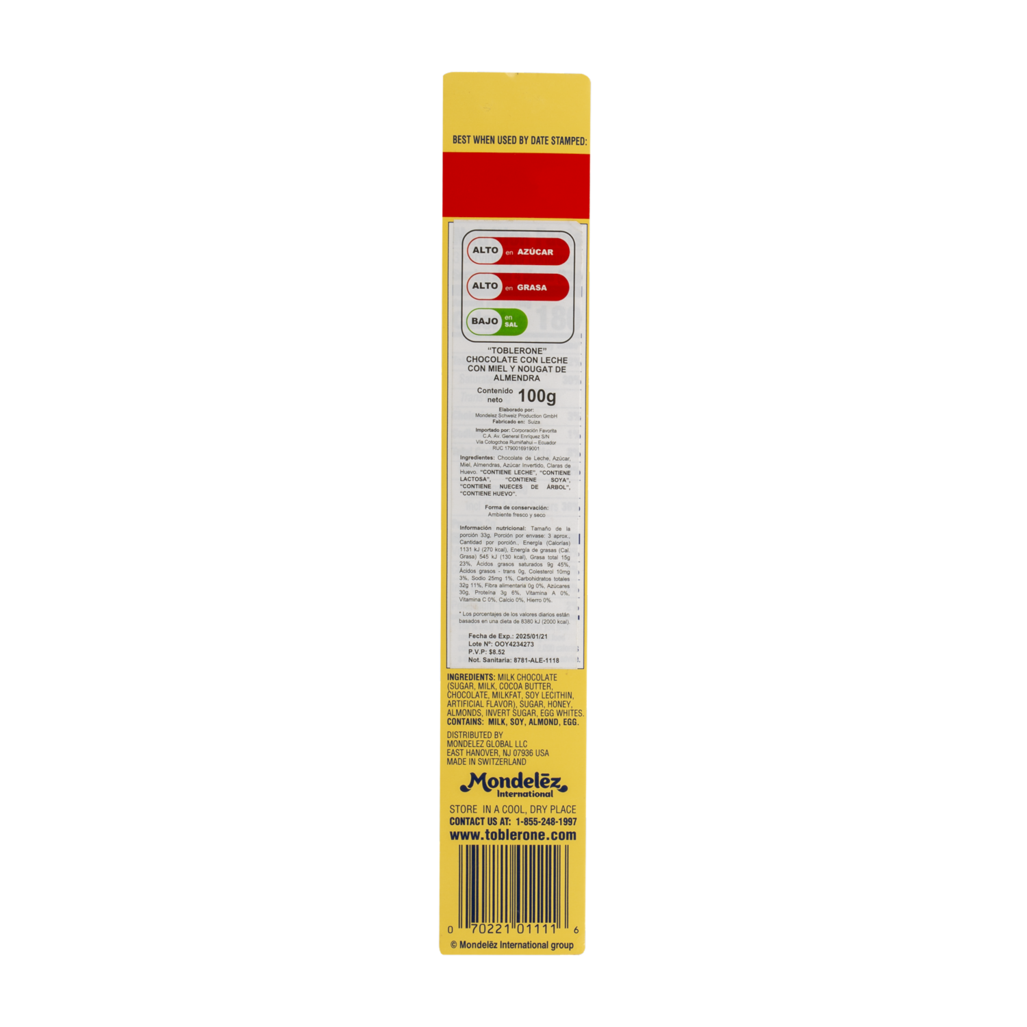 Chocolate Leche Miel Y Nougat Almendras TOBLERONE 100 G