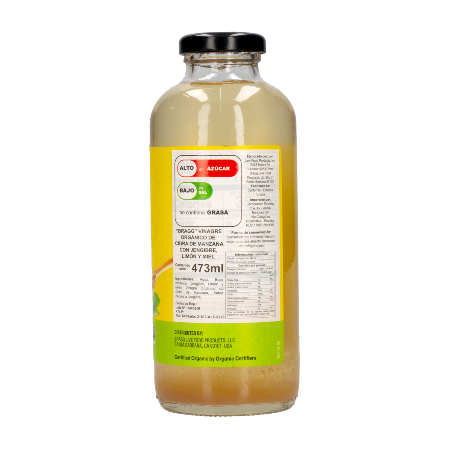 Vinagre Cidra De Manzana Con Jengibre Limón Y Miel BRAGG 473 Ml