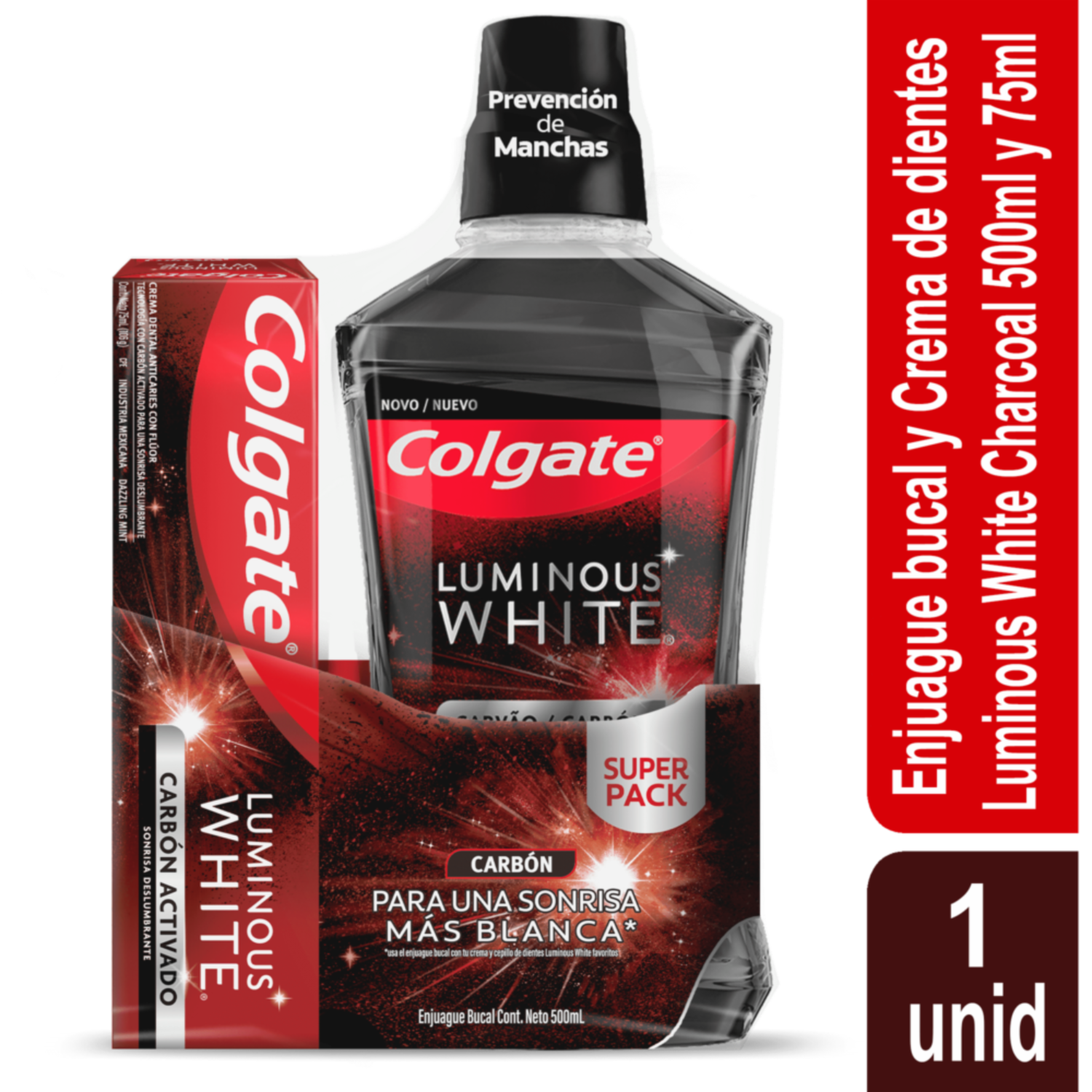 Kit Higiene Bucal Luminous White Carbón Crema Dental 75 Ml + Enjuague Bucal 500 Ml COLGATE 500Ml+75Ml