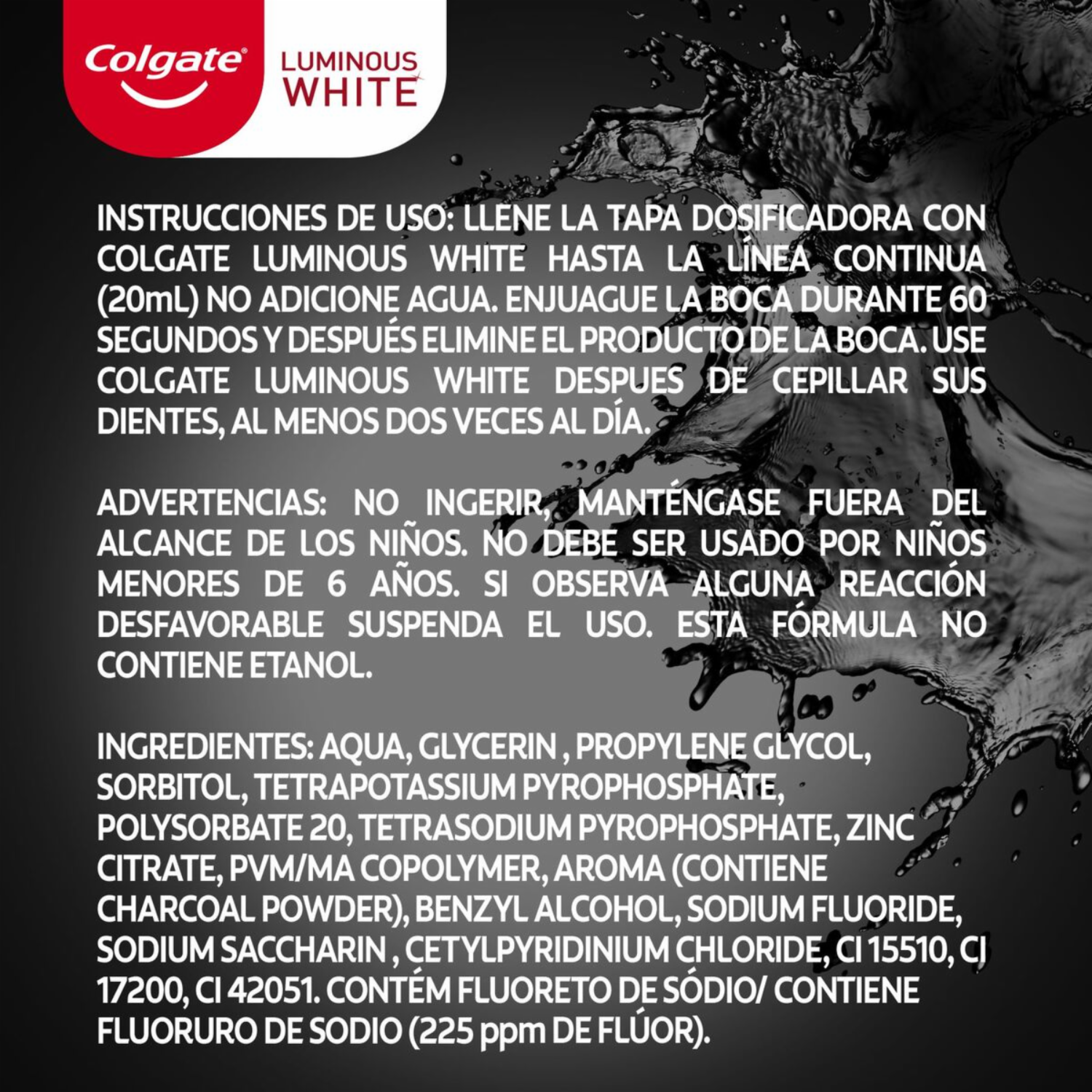 Kit Higiene Bucal Luminous White Carbón Crema Dental 75 Ml + Enjuague Bucal 500 Ml COLGATE 500Ml+75Ml