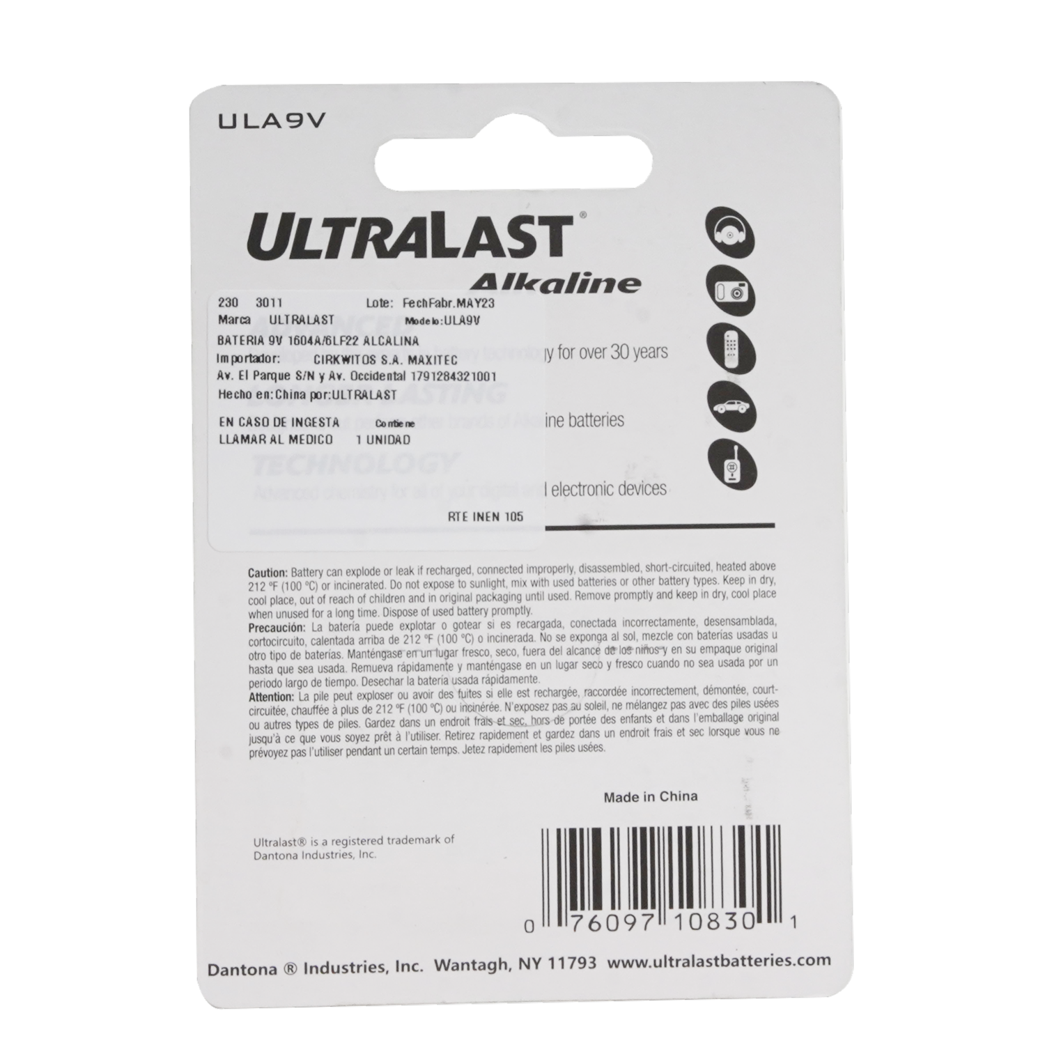 Pila 9V ULTRALAST Unidad