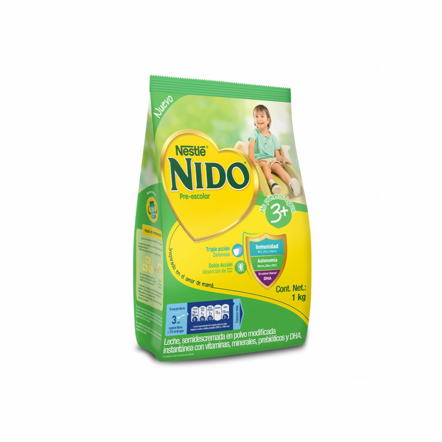 Leche En Polvo Semidescremada Con Prebióticos, Minerales, Vitamina Y DHA 3+ NIDO 1000 G