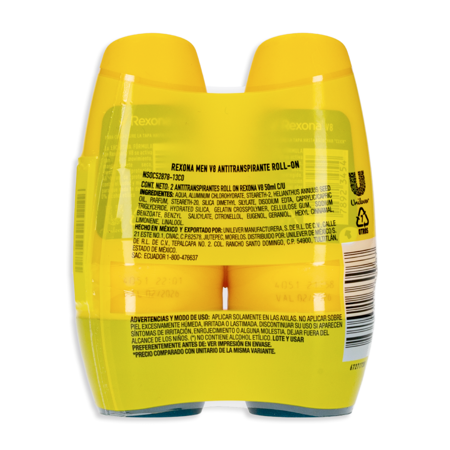 Desodorante En Roll On Para Caballero Antitranspirante On V8 REXONA 2 X 50 Ml