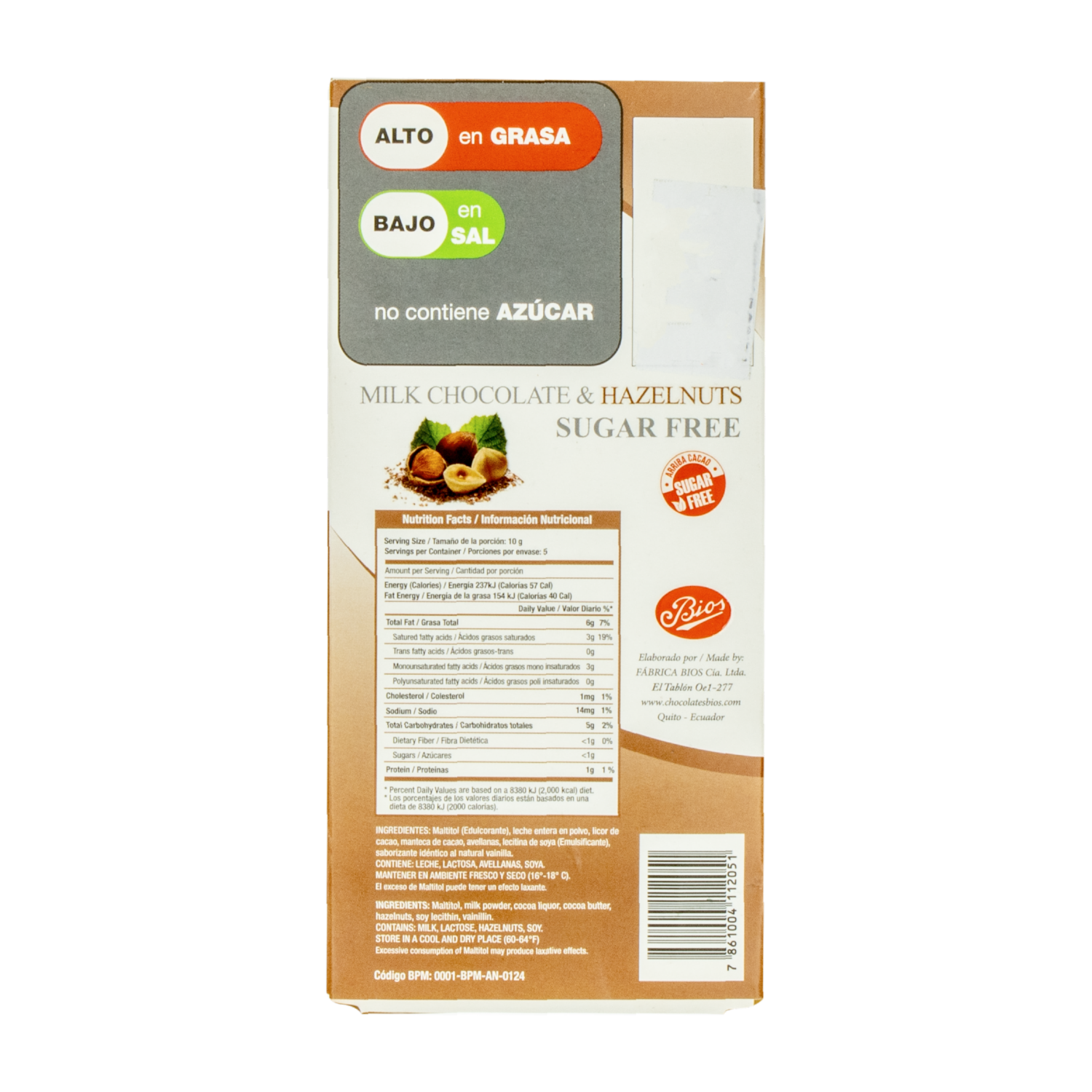 Chocolate Con Avellanas Sin Azúcar BIOS 50 G