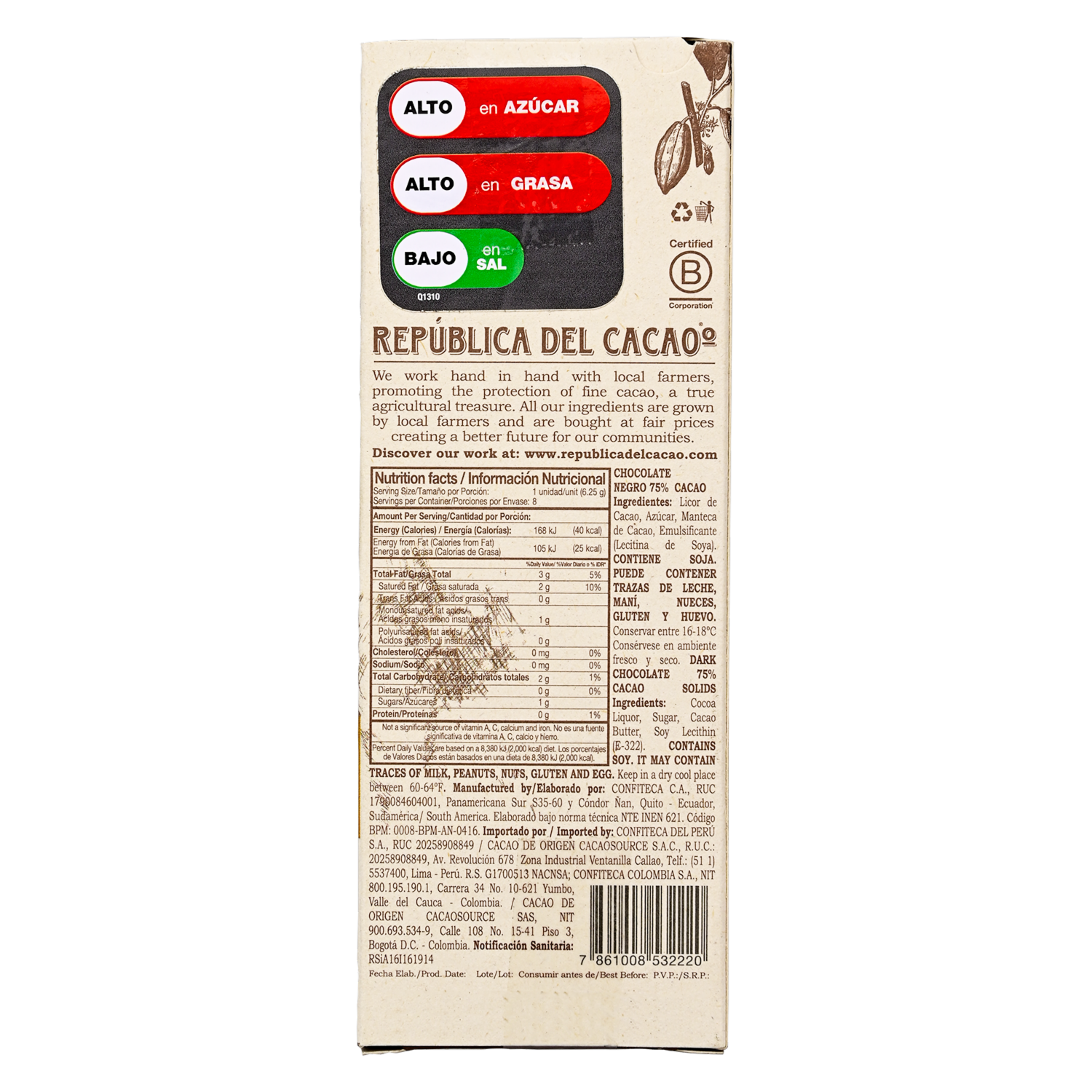 Chocolate Negro Los Rios Al 75% REPUBLICA DEL CACAO 50 G