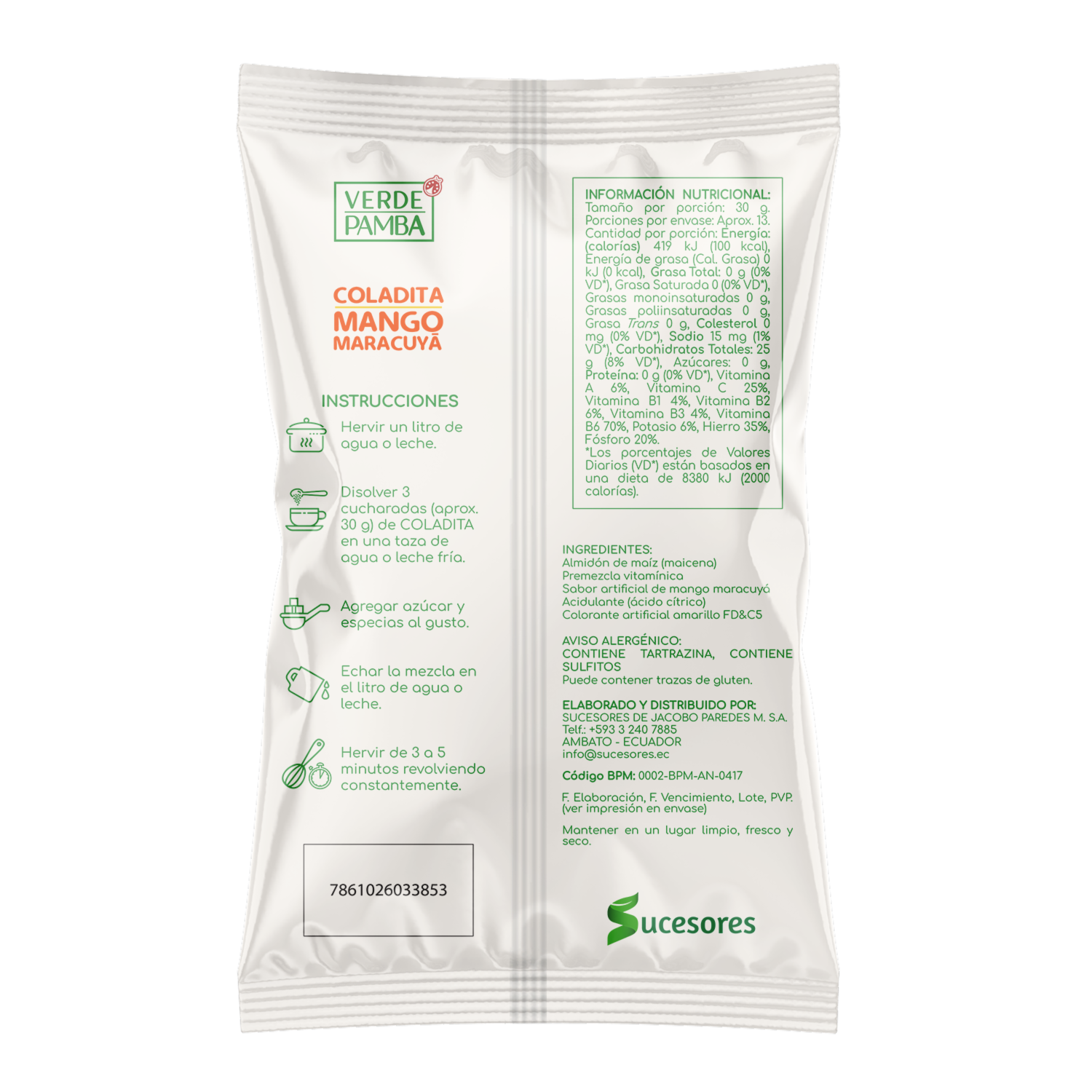 Colada Mezcla En Polvo De Mango Y Maracuyá VERDE PAMBA 400 G