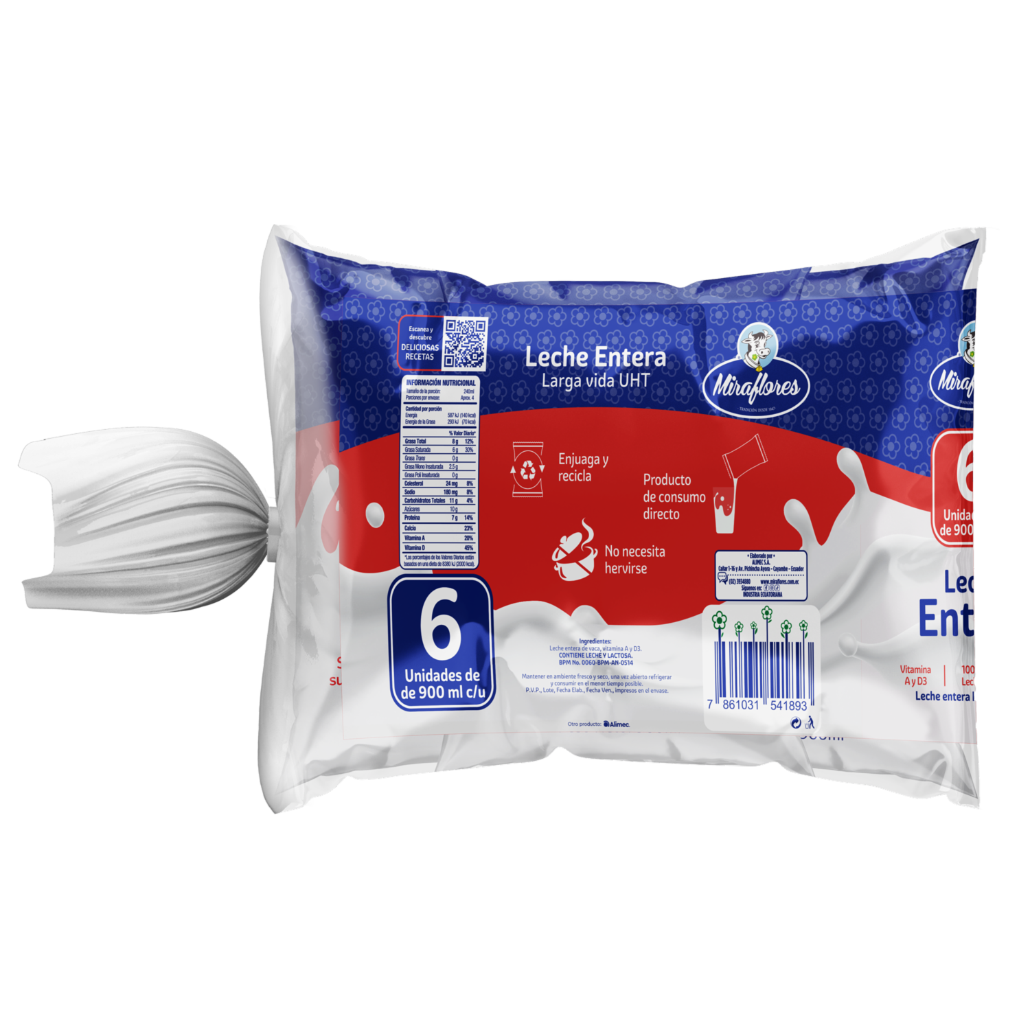 Leche Entera 100% Pura Sin Suero Fuente De Calcio MIRAFLORES 6 Fundas X 900 Ml