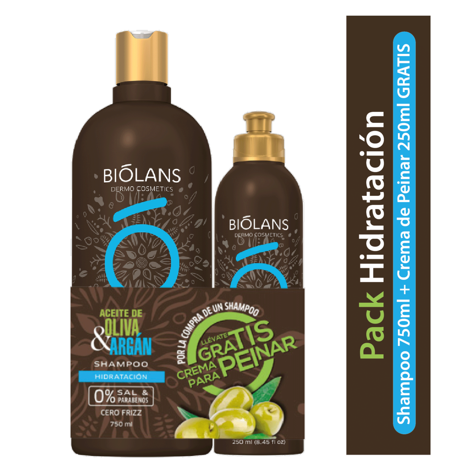 Kit Capilar Shampoo Aceite de Oliva & Argán + Crema Para Peinar BIÓLANS 750 Ml + 250 Ml