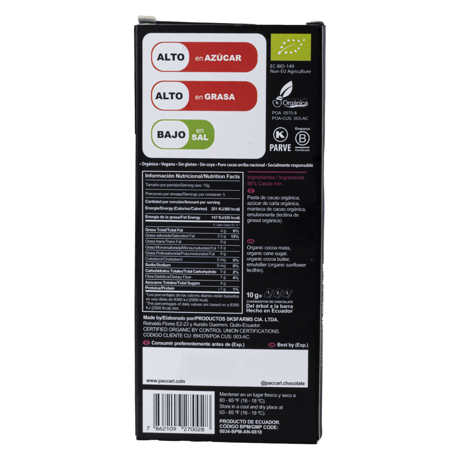Chocolate Orgánico Esmeraldas 60% PACCARI Tableta