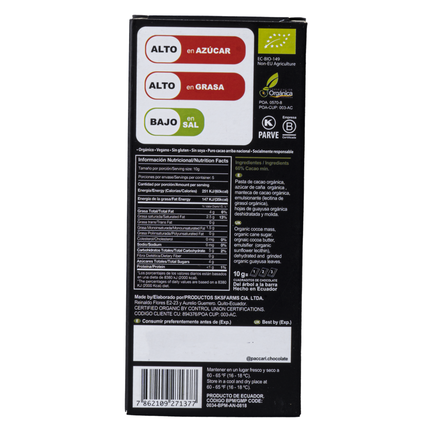 Chocolate Con Guayusa Orgánico PACCARI Tableta