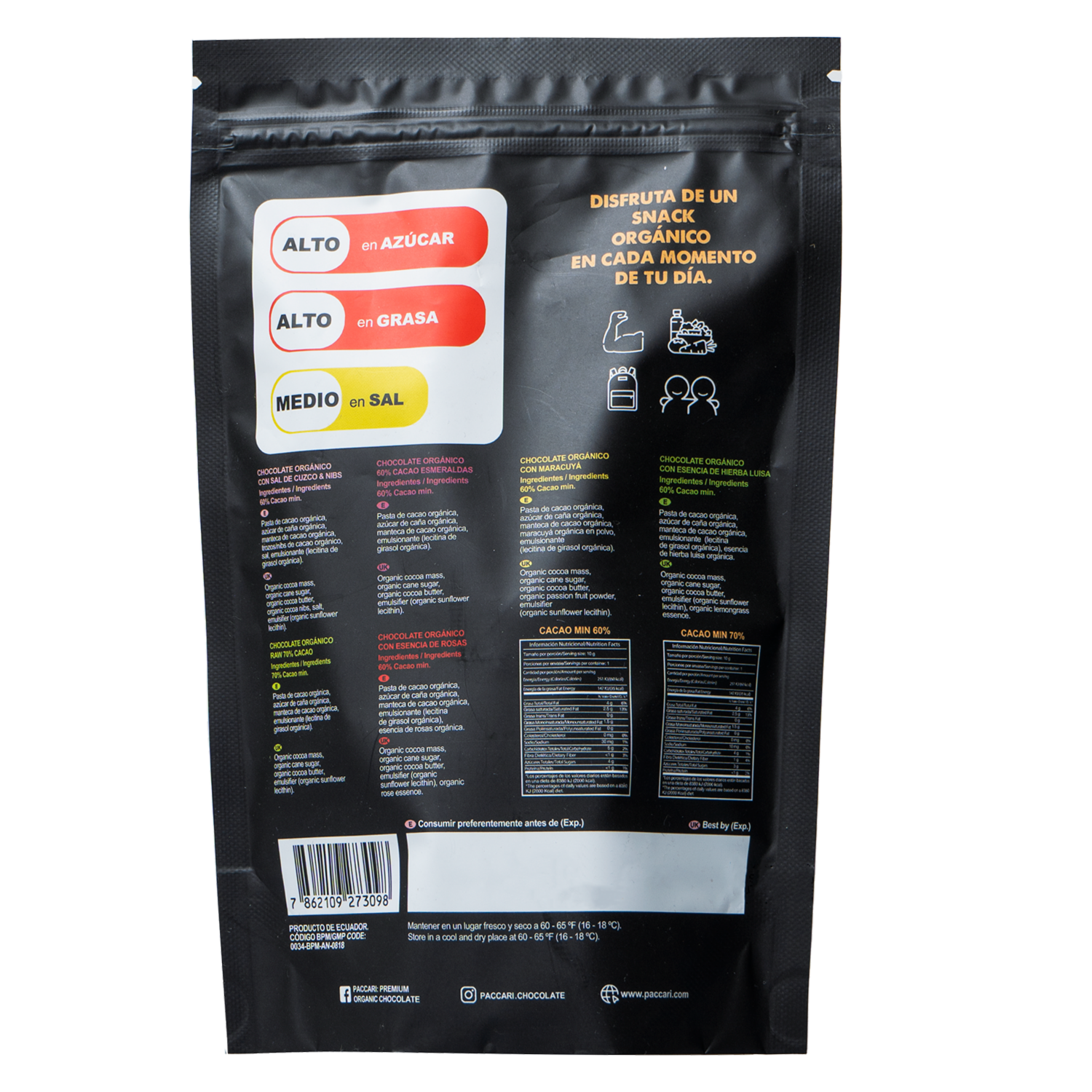 Chocolate Orgánico Mini Barras Mix Pack PACCARI Caja