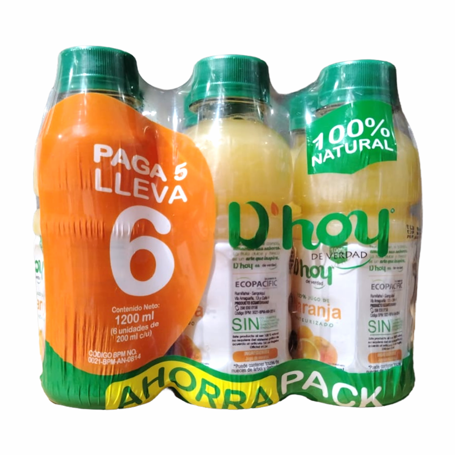 Jugo De Naranja 100 % Natural Pasteurizado D`HOY 6 Uds X 200 Ml