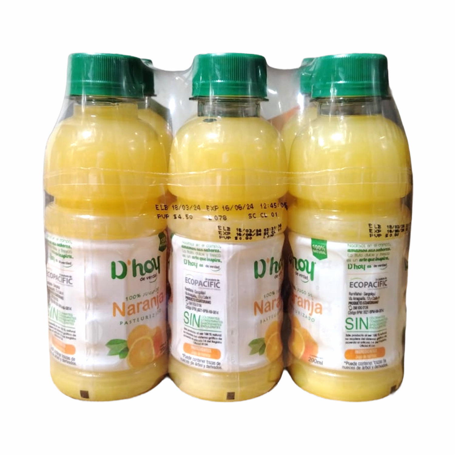 Jugo De Naranja 100 % Natural Pasteurizado D`HOY 6 Uds X 200 Ml