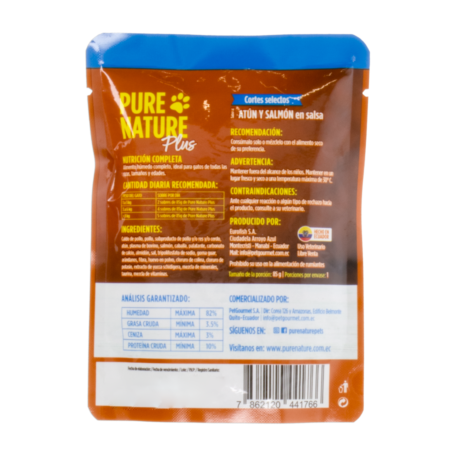 Alimento Húmedo Para Gatos De Atún Y Salmon PURE NATURE 85 G