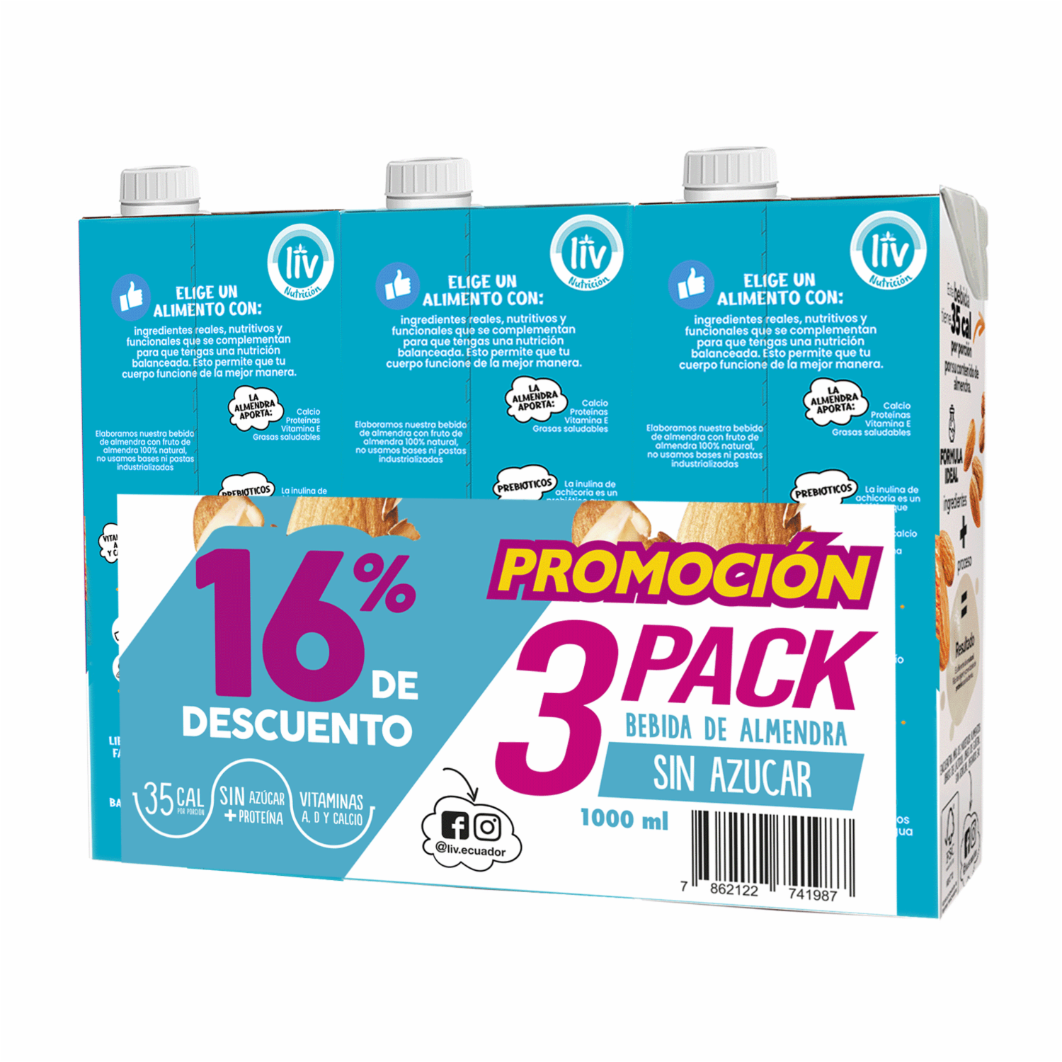 Bebida De Almendras Sin Azúcar LIV 3 X1000 Ml