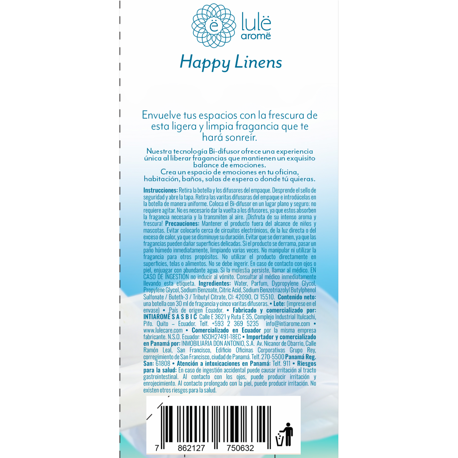 Bi-difusor Ambiental Fragancia Happy Linens LULË AROMË 30 Ml