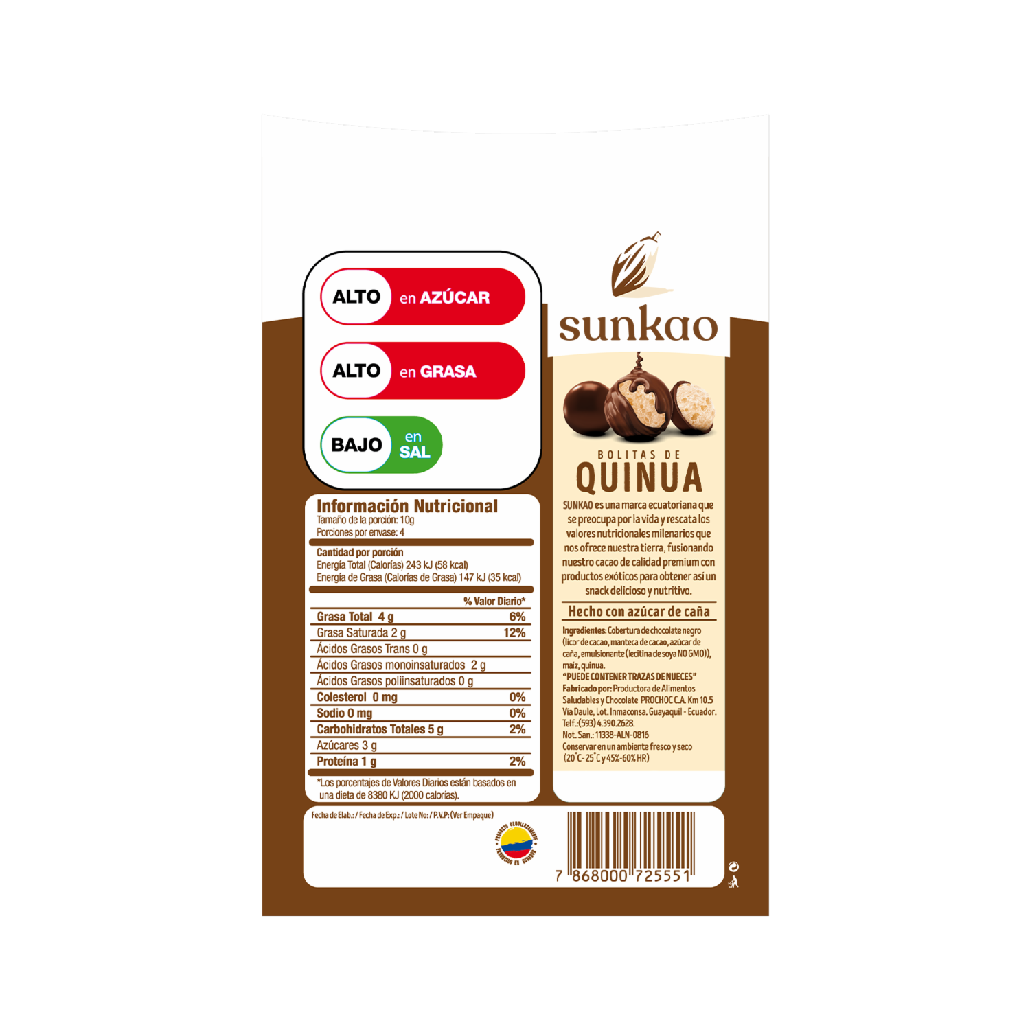 Snack Bolitas De Quinua Chocolate Dark 55% Cacao Gluten Free SUNKAO 40 G
