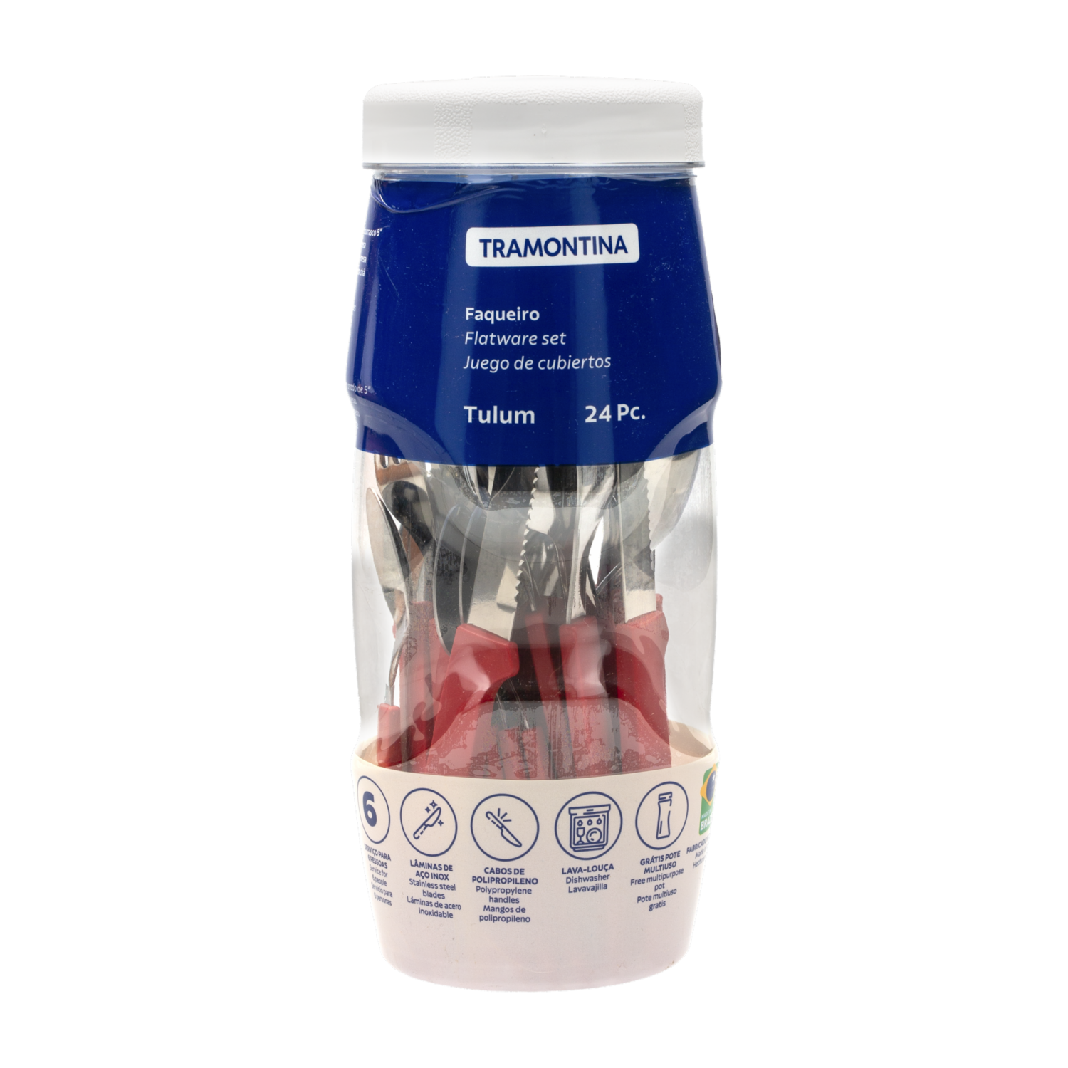 Juego De Cubiertos Mango Rojo Línea Tulum 6 Puestos + Frásco Multiusos TRAMONTINA 24 Piezas