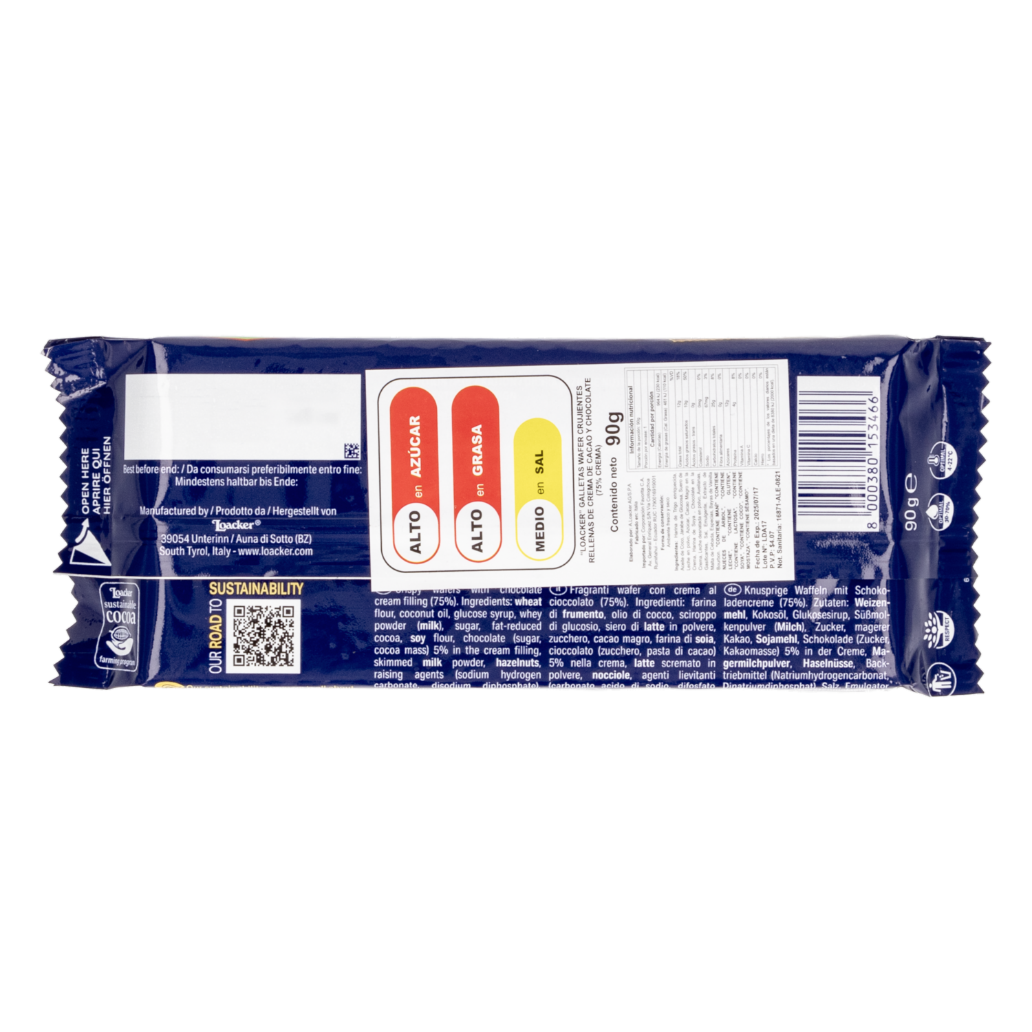 Galletas Dulces Classic Wafer Rellenas Con Cacao Y Choco. LOACKER 90 G