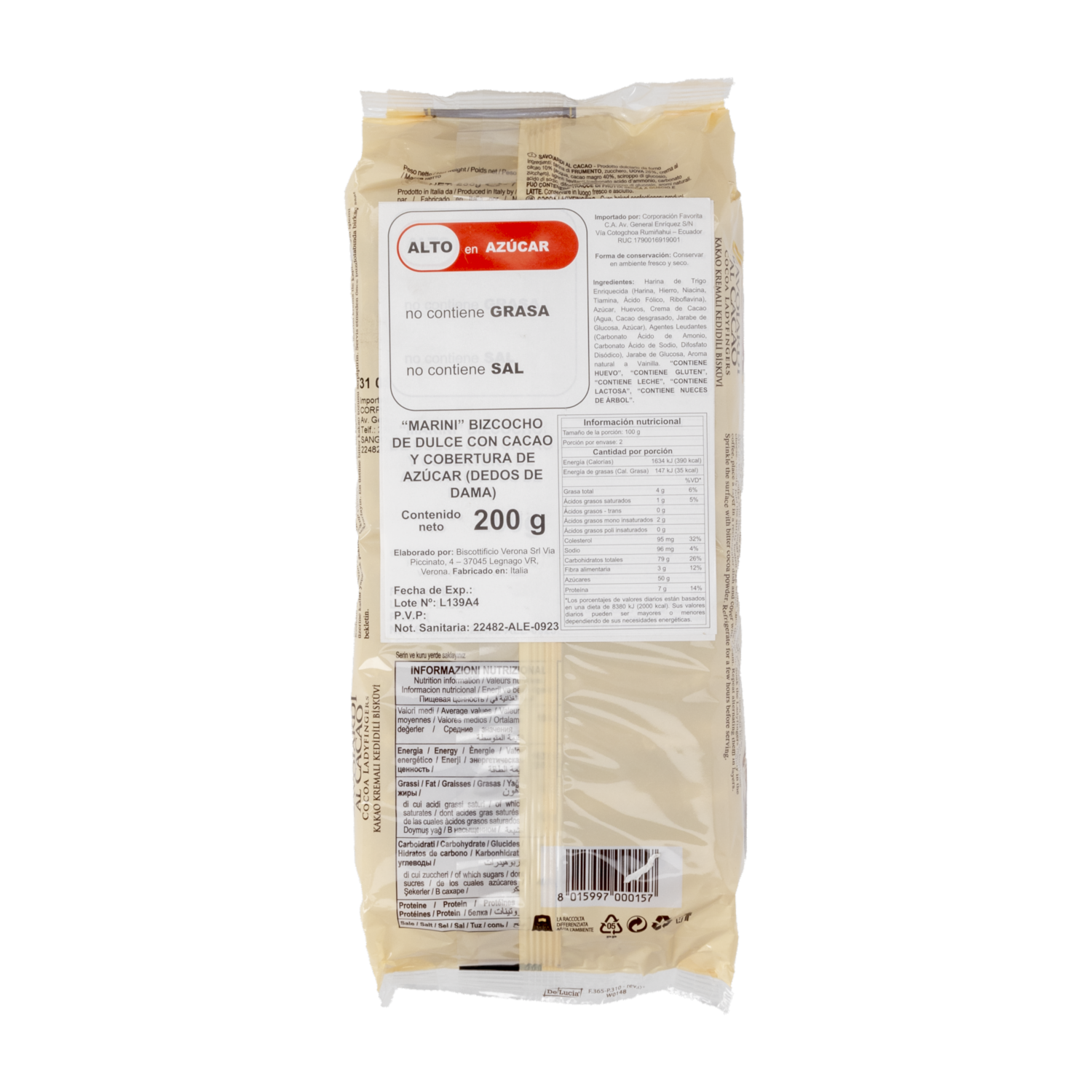 Dedos De Dama Al Cacao Savoiardi MARINI 200 G