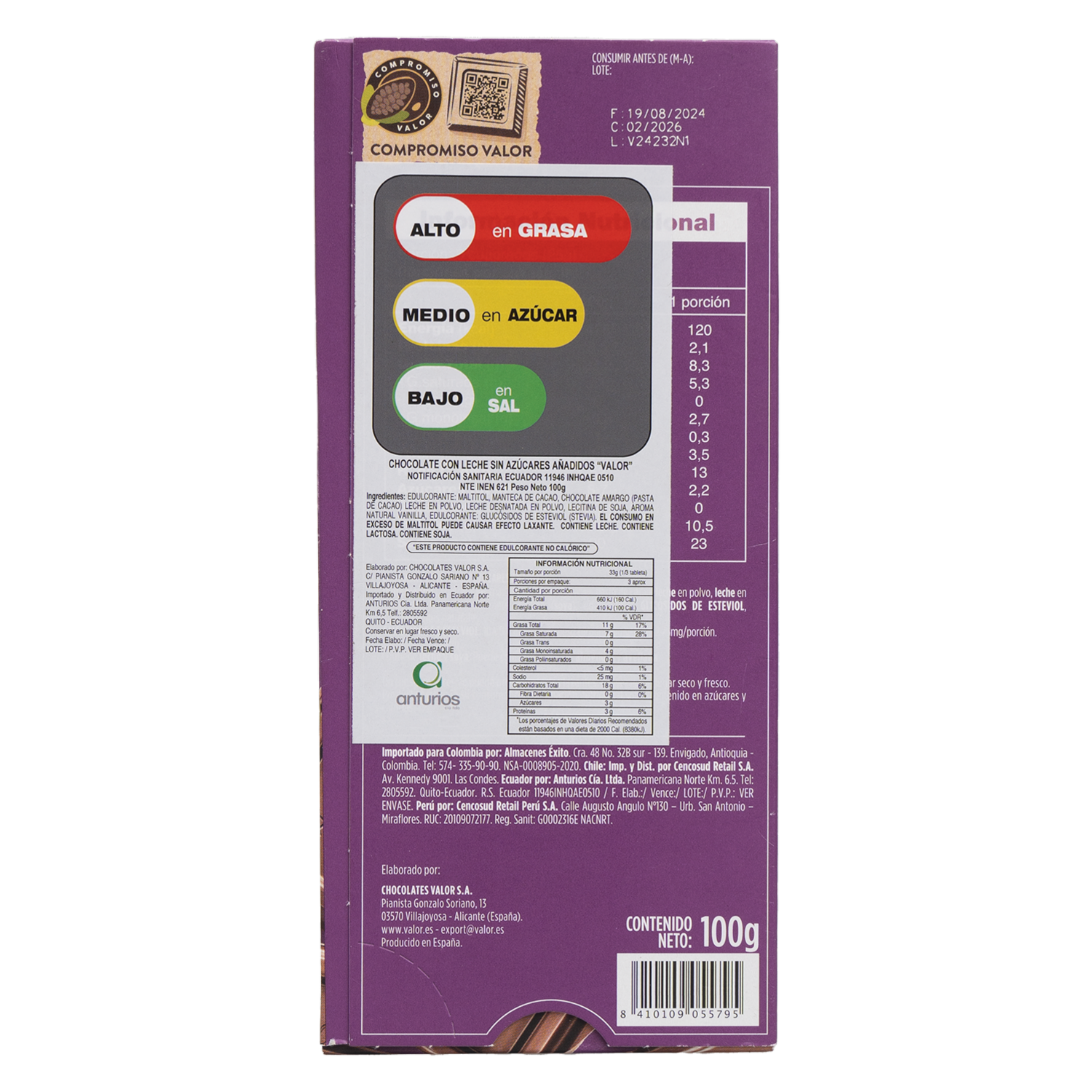 Chocolate Con Leche Sin Azúcar VALOR 100 G