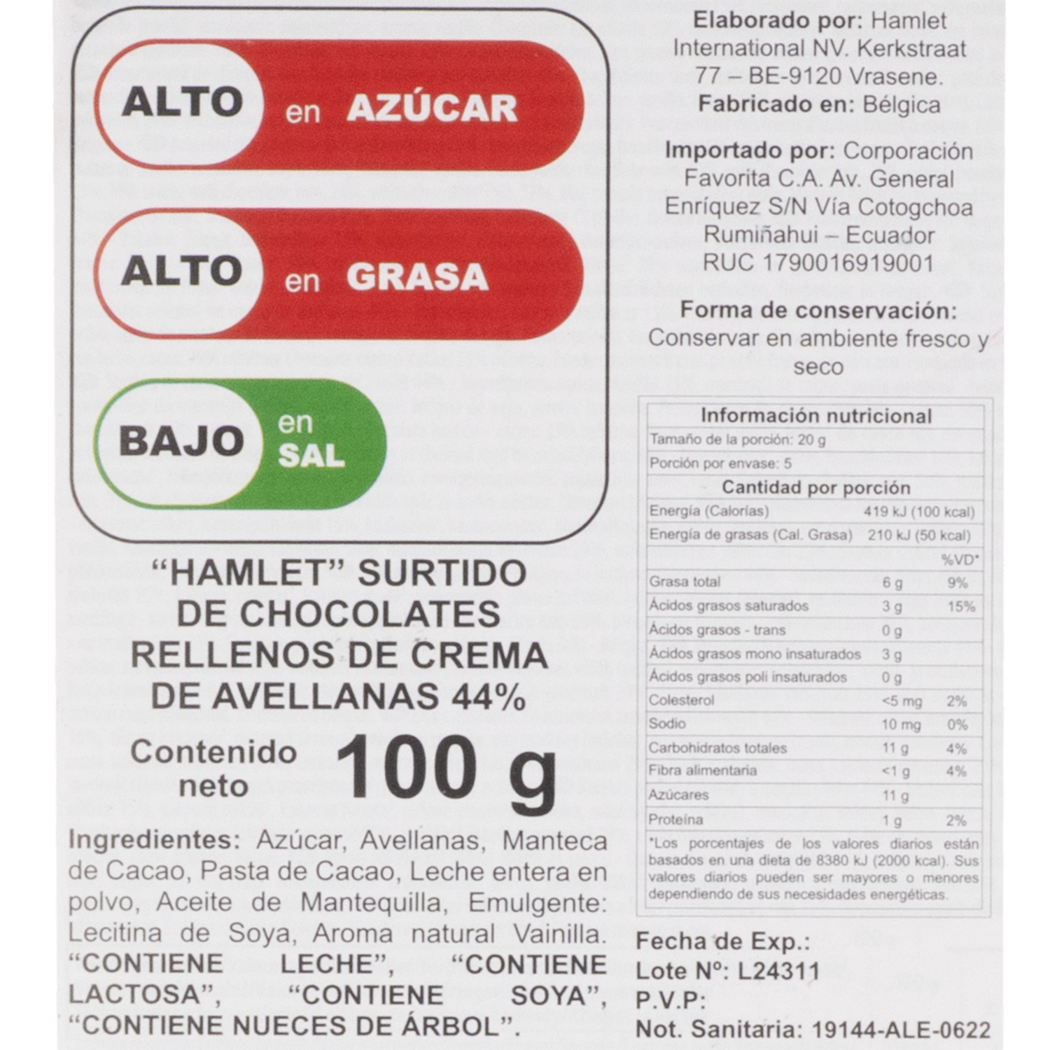 Chocolate Relleno De Crema De Avellana HAMLET 100 G