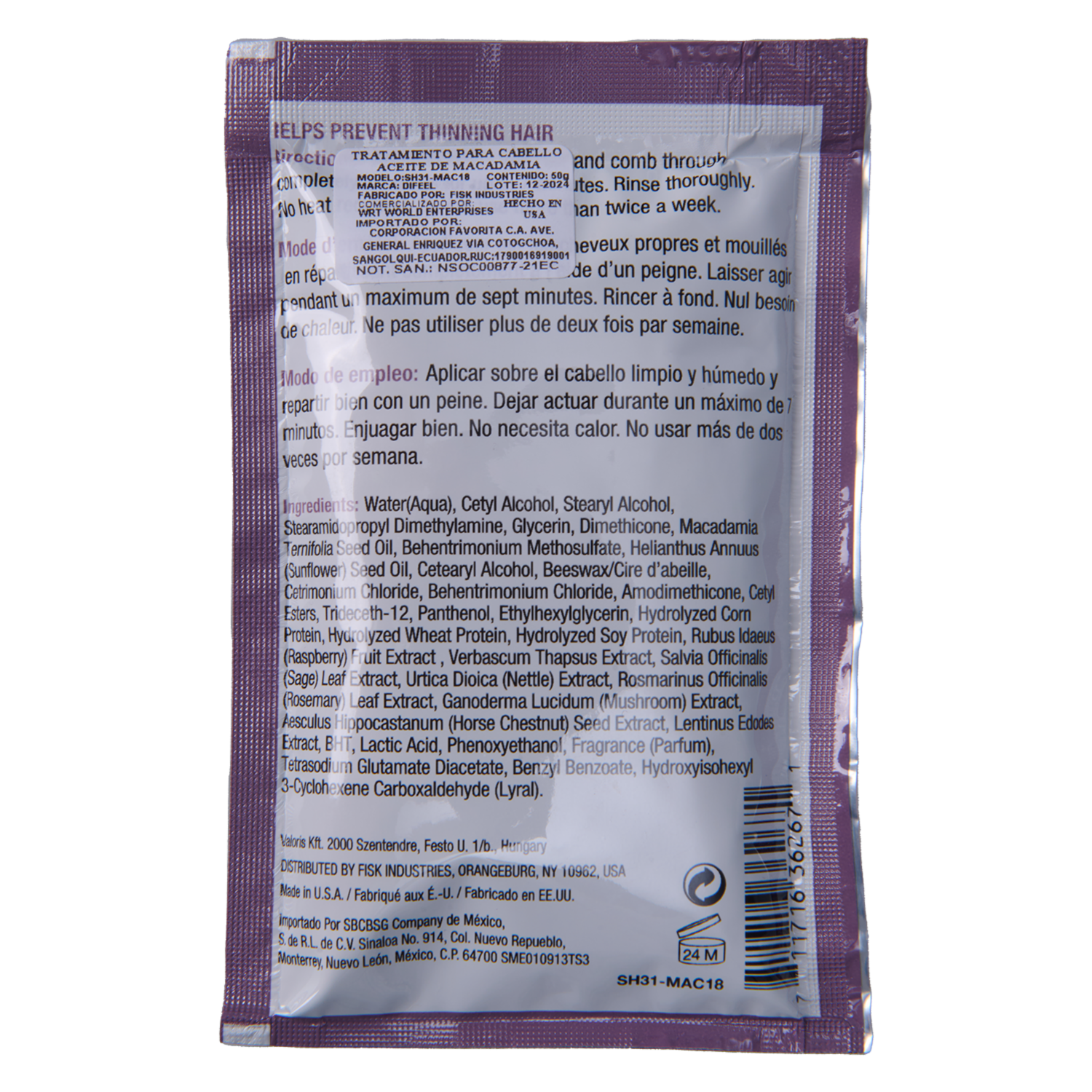 Tratamiento Capilar Macadamia Oil DIFEEL 50 G