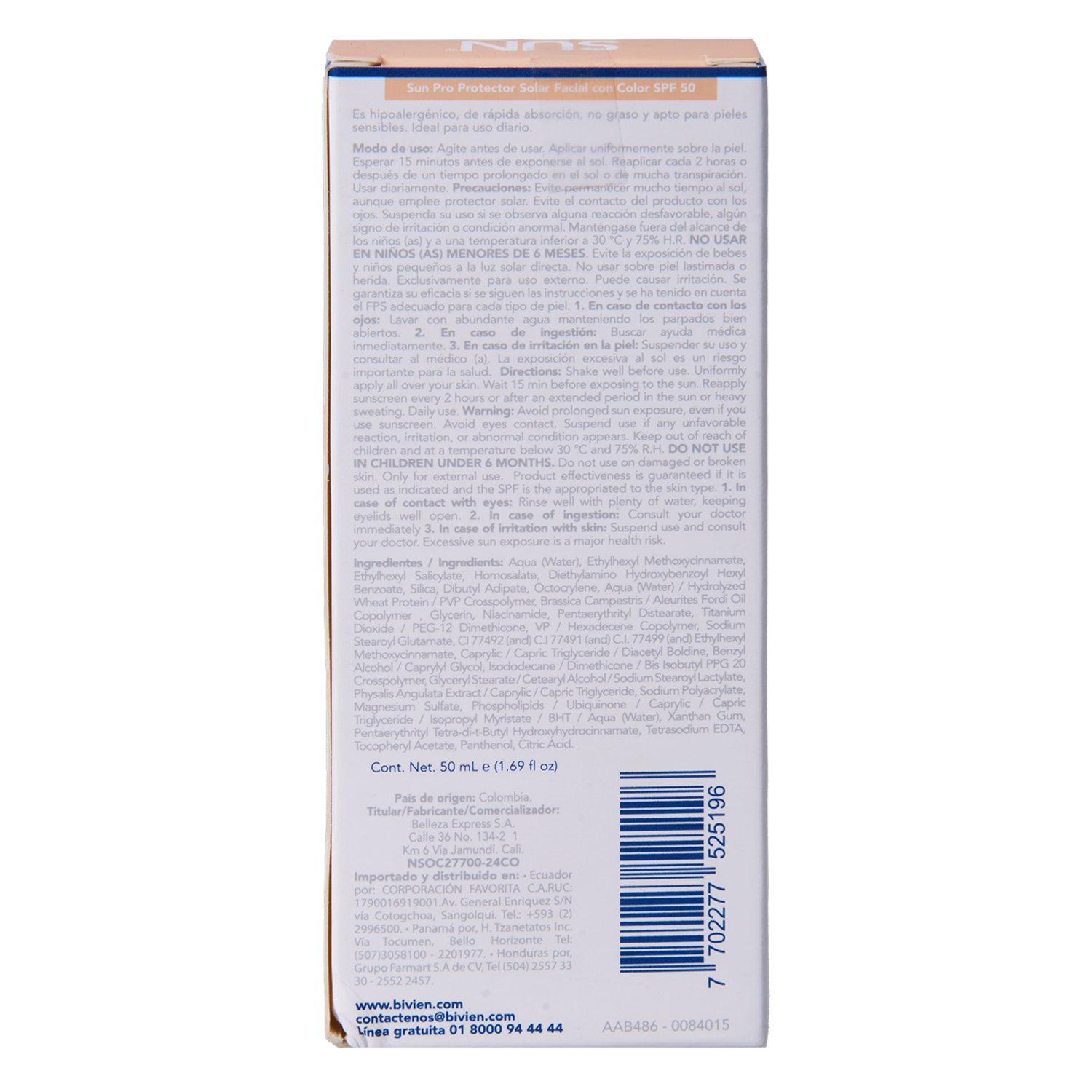 Protector Solar Facial Con Color SPF 50 Textura Ligera SUN PRO 50 Ml