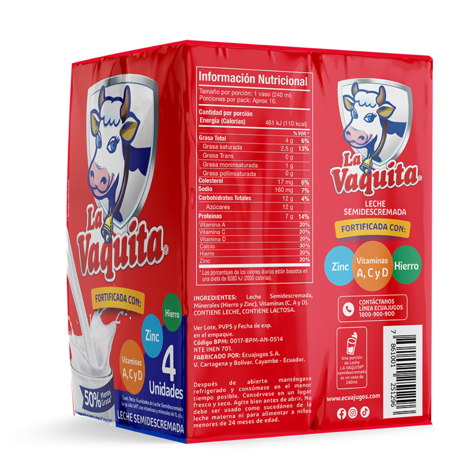 Leche Semidescremada Fortificada LA VAQUITA 4X1000 Ml