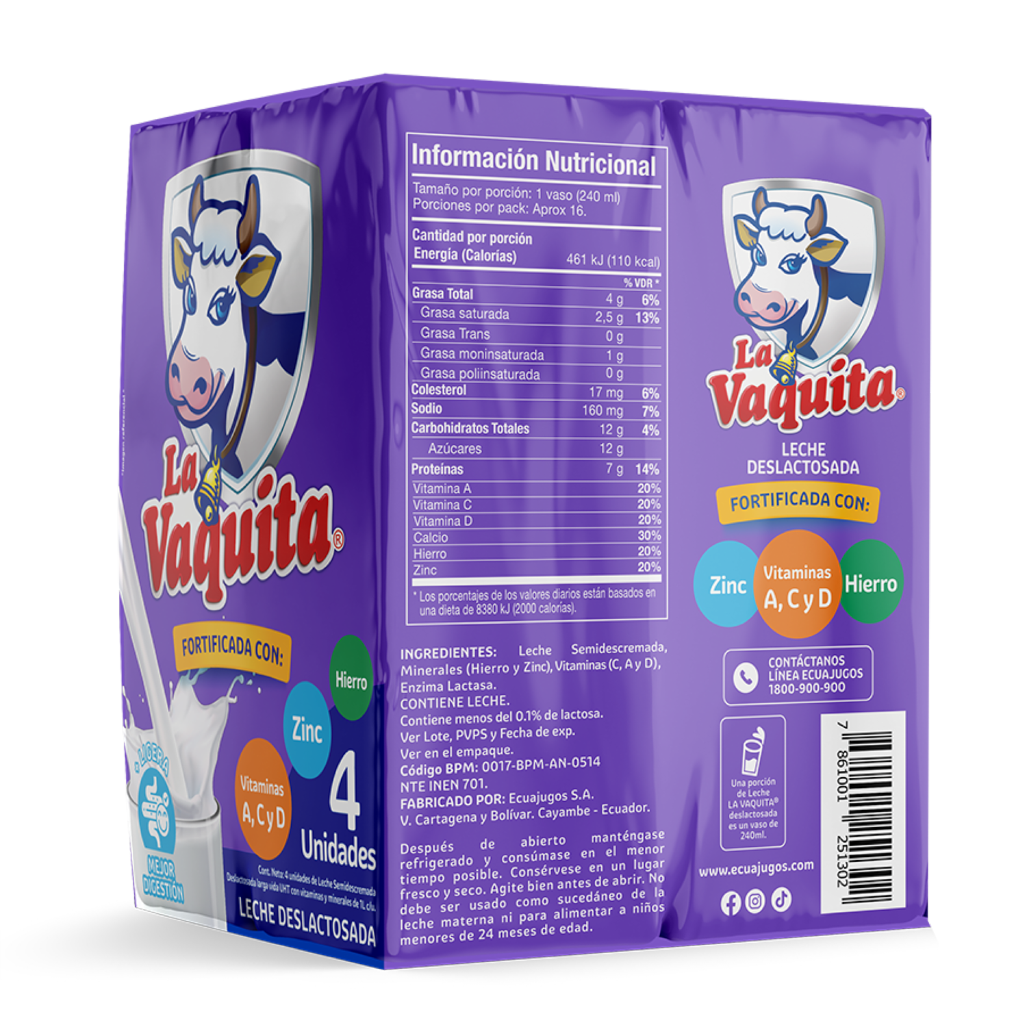 Leche Deslactosada Fortificada LA VAQUITA 4X1000 Ml