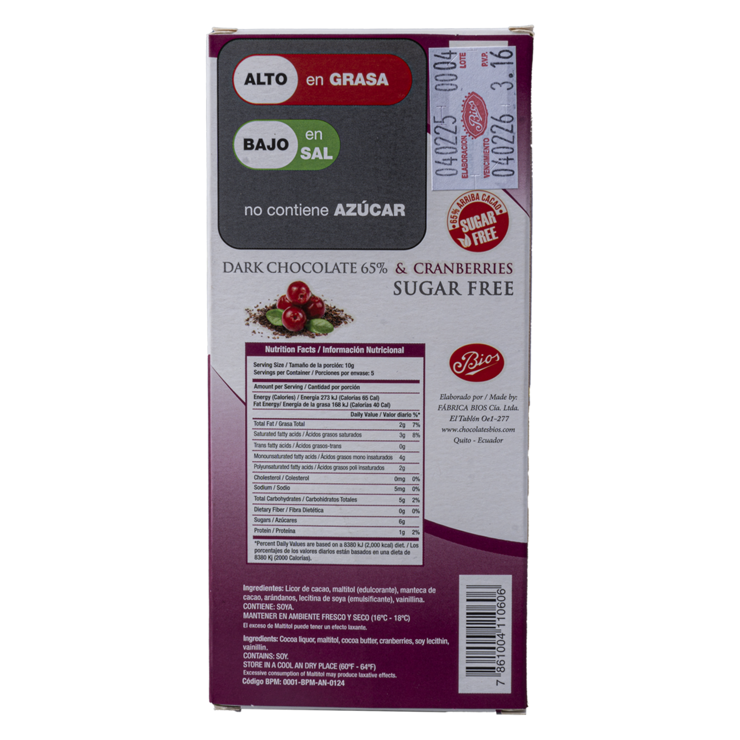 Chocolate Con Arándanos Sin Azúcar BIOS 50  G