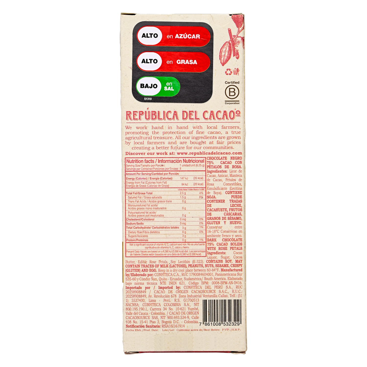 Chocolate Negro Rosas REPUBLICA DEL CACAO 50 g