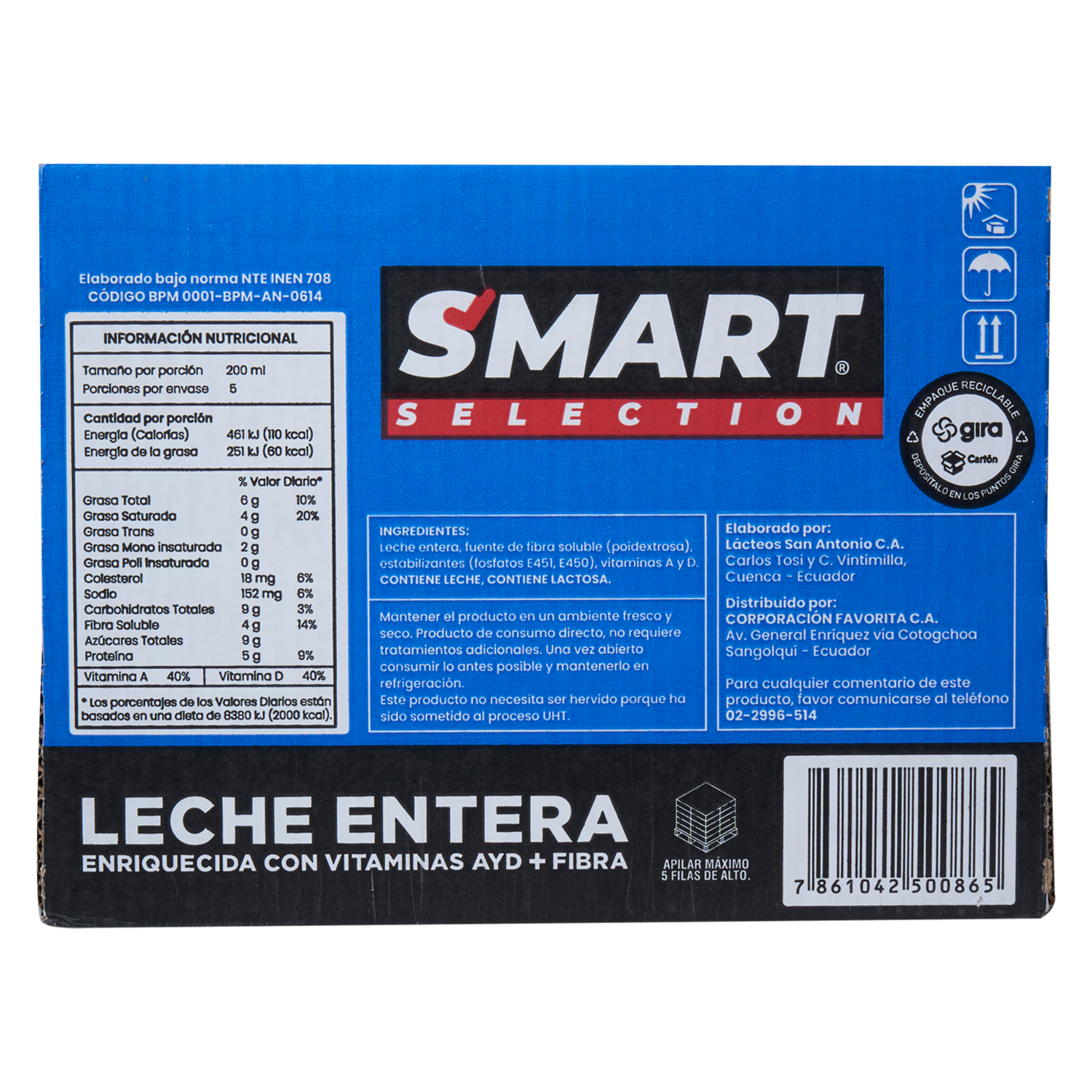 Leche Entera Con Vitaminas Y Fibra SMART SELECTION 8 L